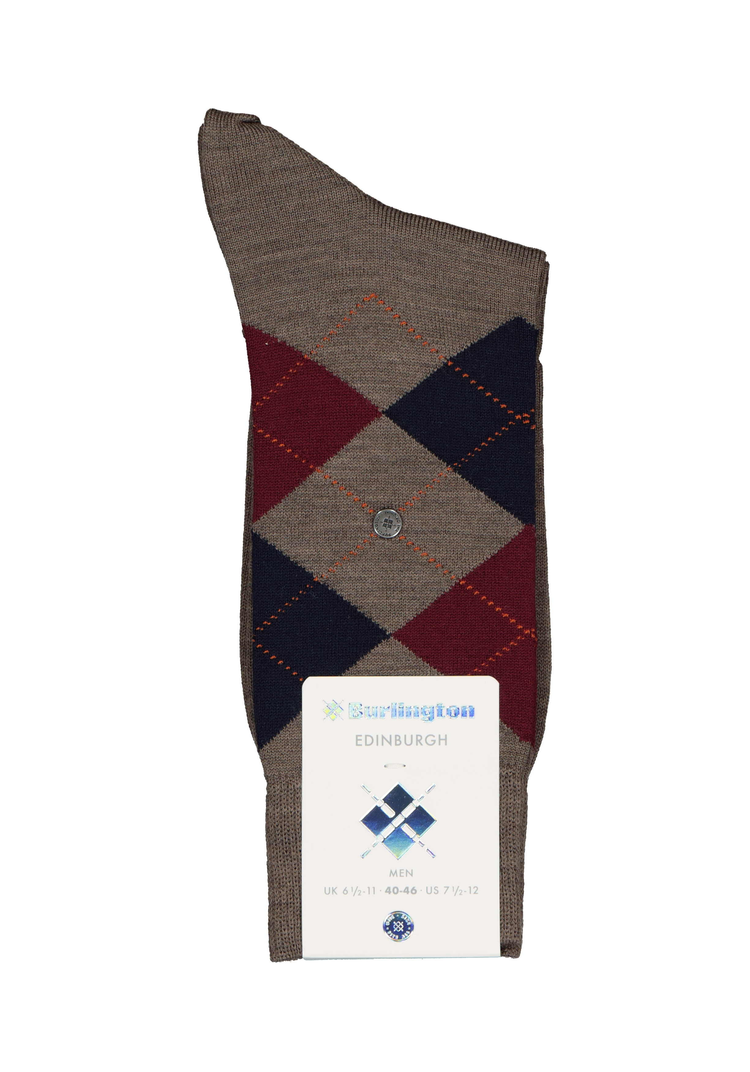 Burlington Edinburgh herensokken, wol, beige met blauw en bordeaux