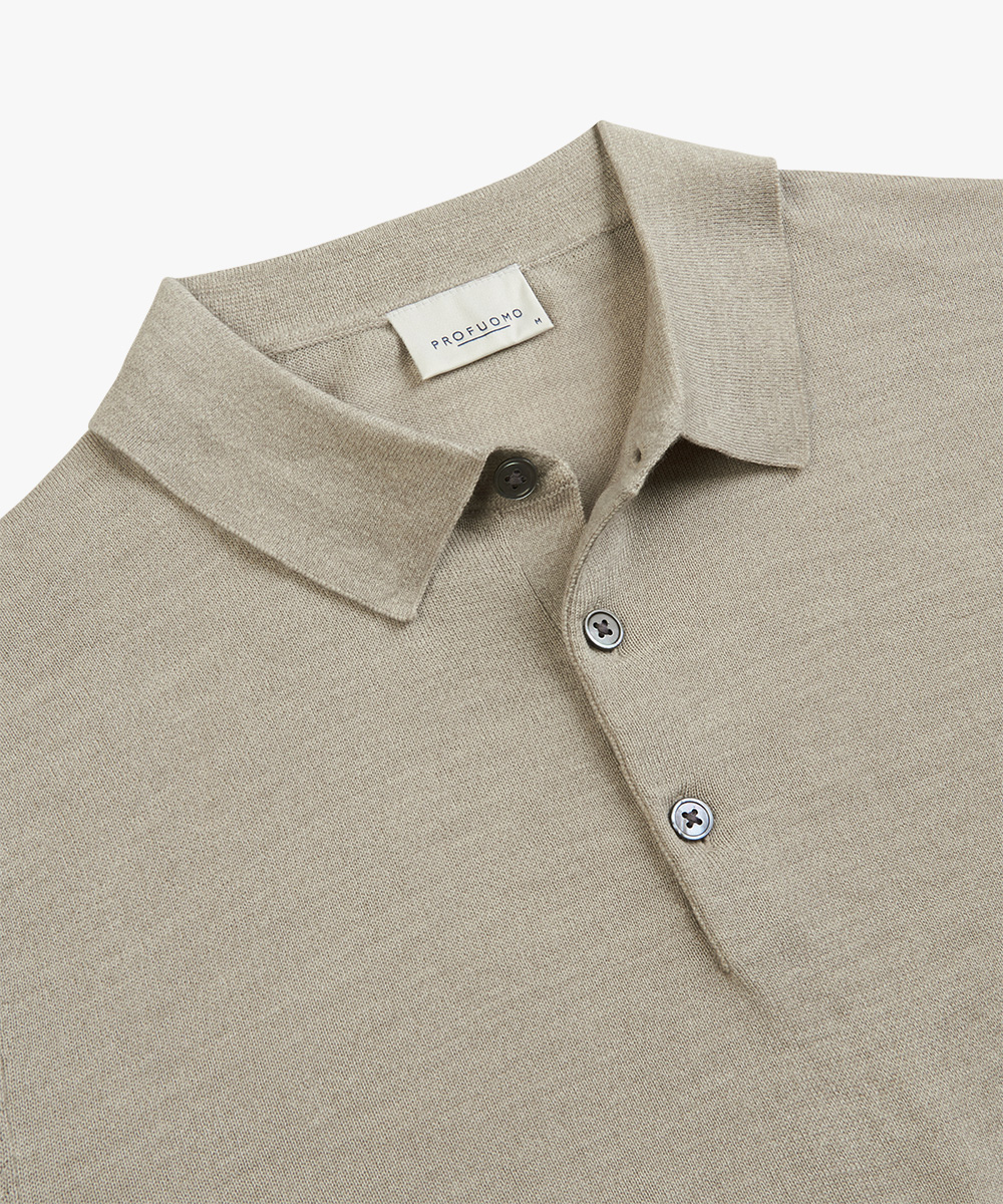 Profuomo heren trui wol, slim fit gebreide polo lange mouw, beige