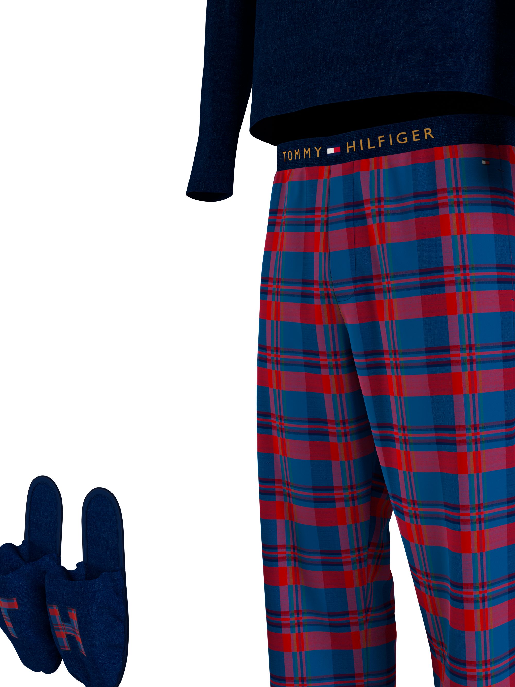 Tommy Hilfiger heren pyjama O-hals, woven flannel slippers set, blauw met geruite broek en bijpassende sloffen