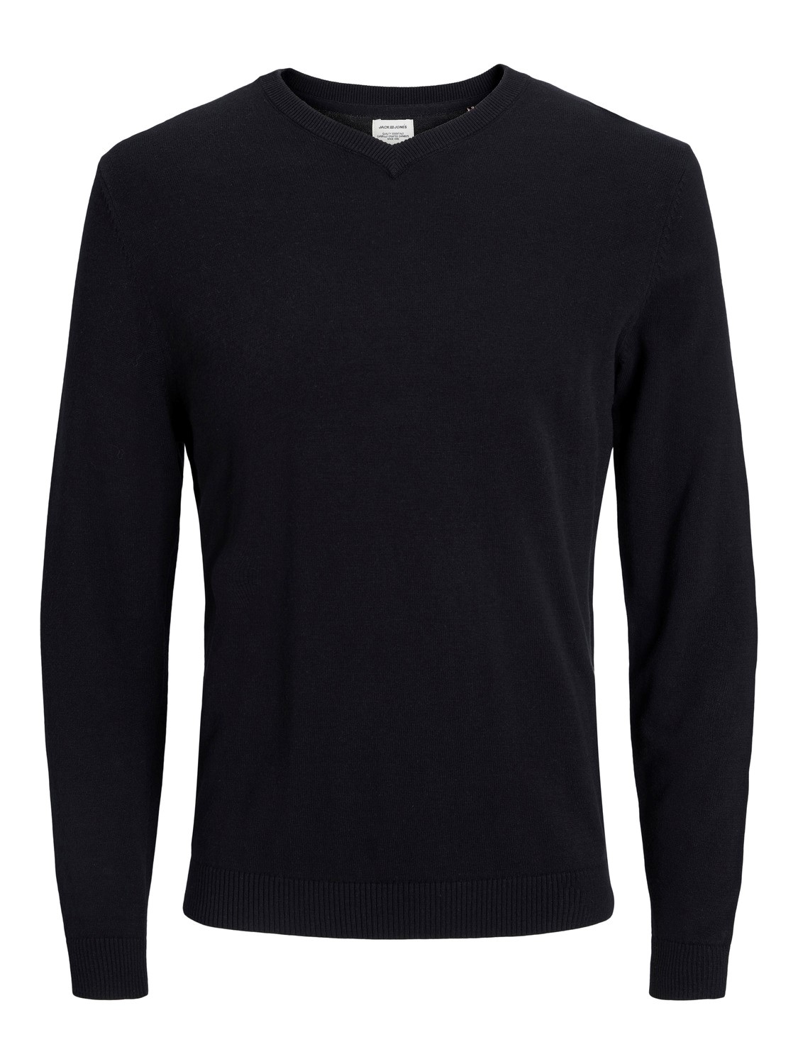 JACK & JONES Basic knit v-neck slim fit, heren pullover katoen met V-hals, zwart