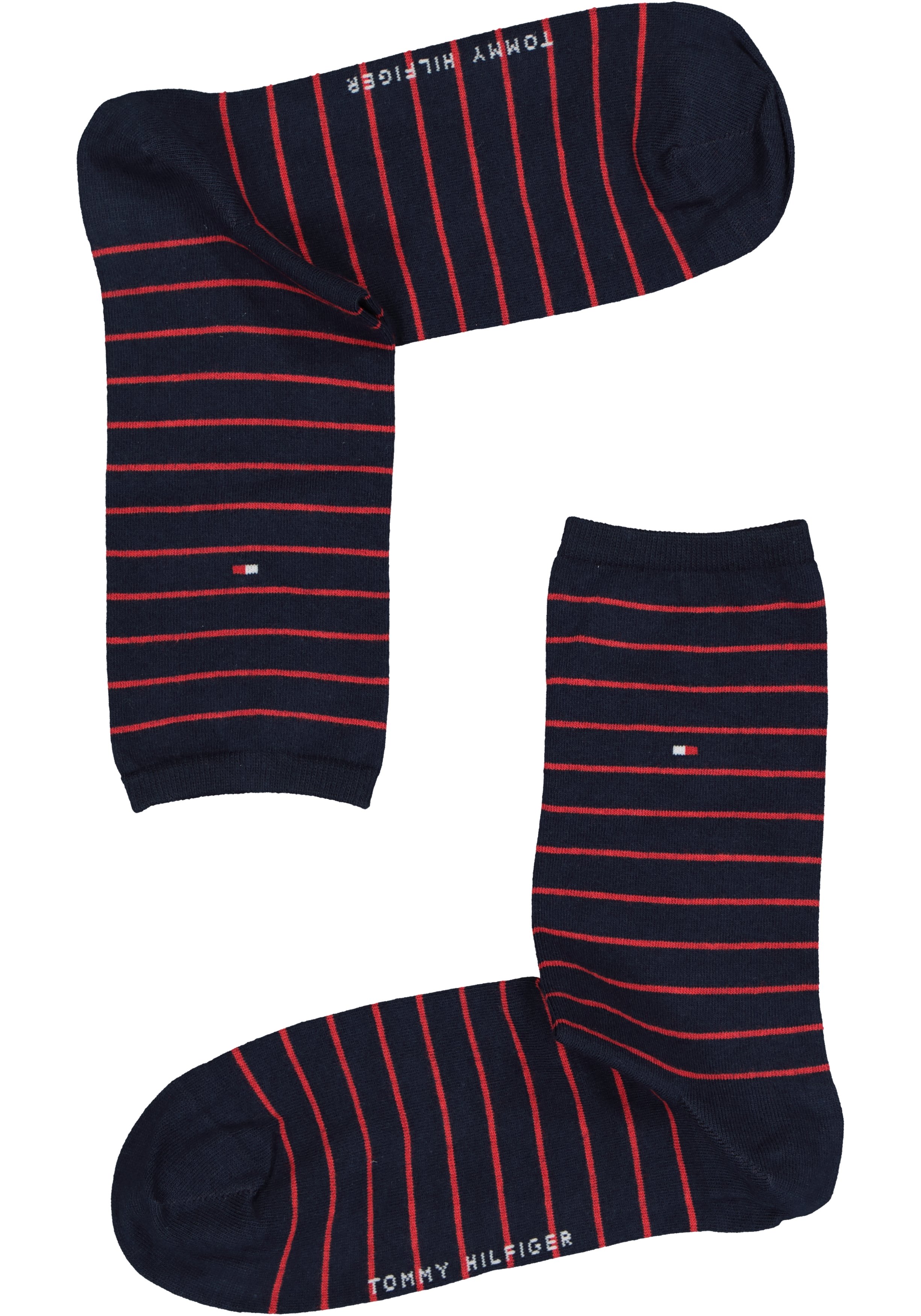 Tommy Hilfiger damessokken Small Stripe (2-pack), uni en gestreept katoen, rood met blauw