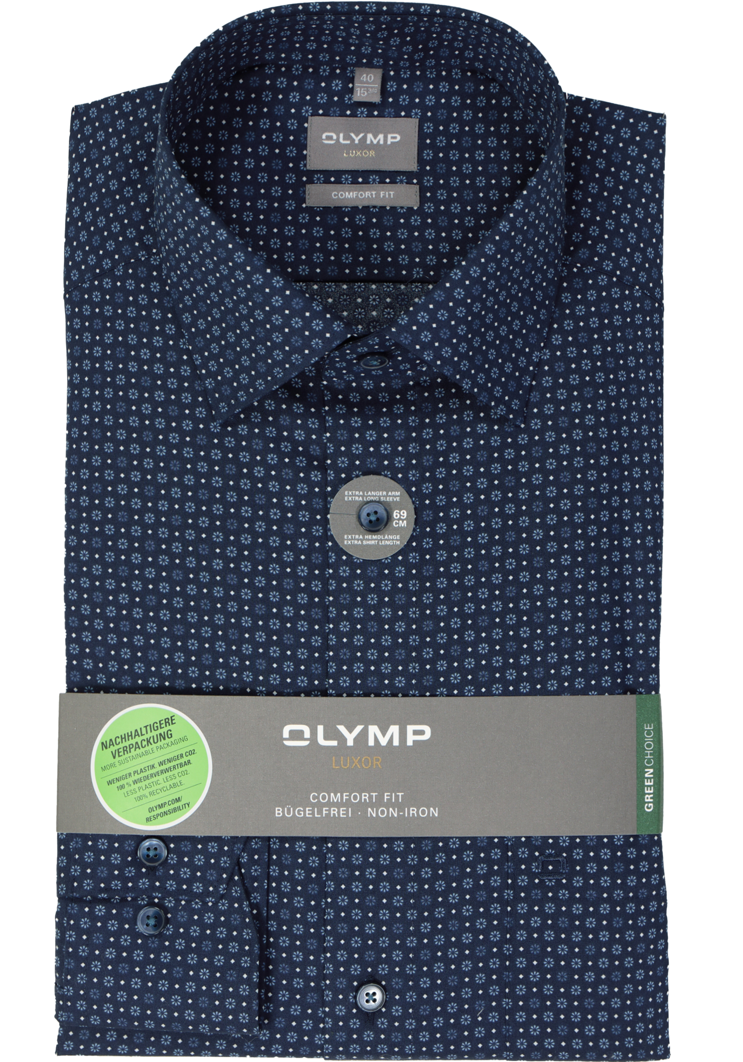 OLYMP comfort fit overhemd, mouwlengte 7, mouwlengte 7, popeline, marine blauw dessin