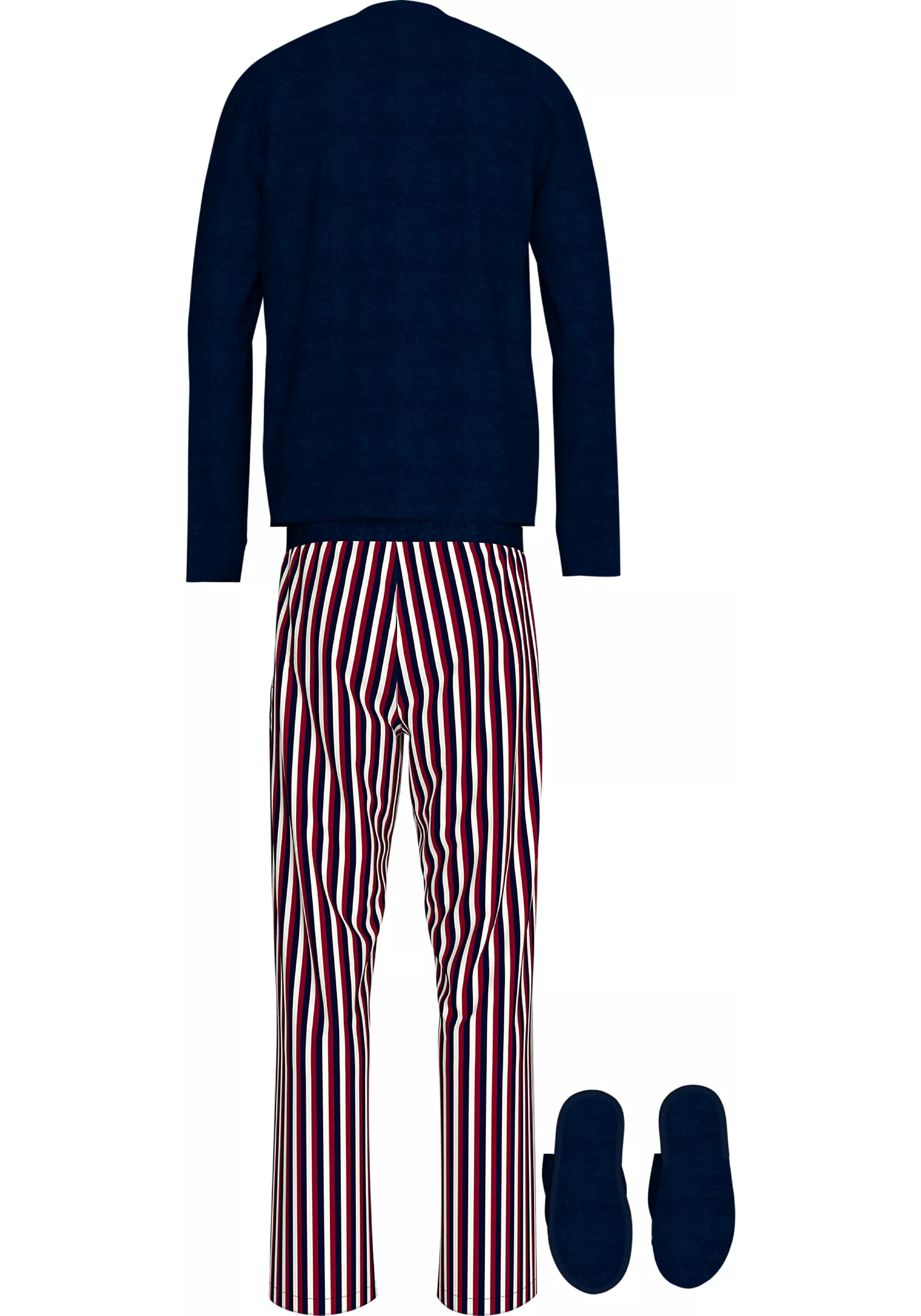 Tommy Hilfiger heren pyjama set, blauw shirt en slippers met rood-wit-blauw gestreepte broek