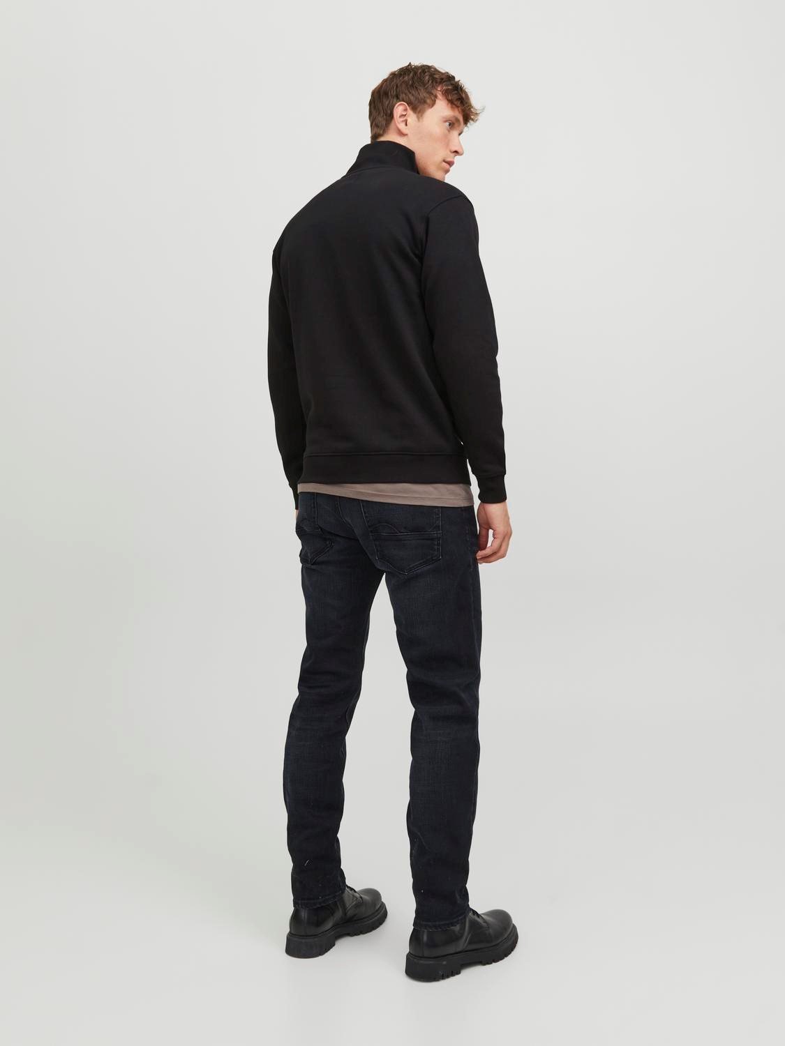 JACK & JONES Bradley sweat half zip regular fit, heren schipperstrui katoenmengsel met opstaande boord, zwart