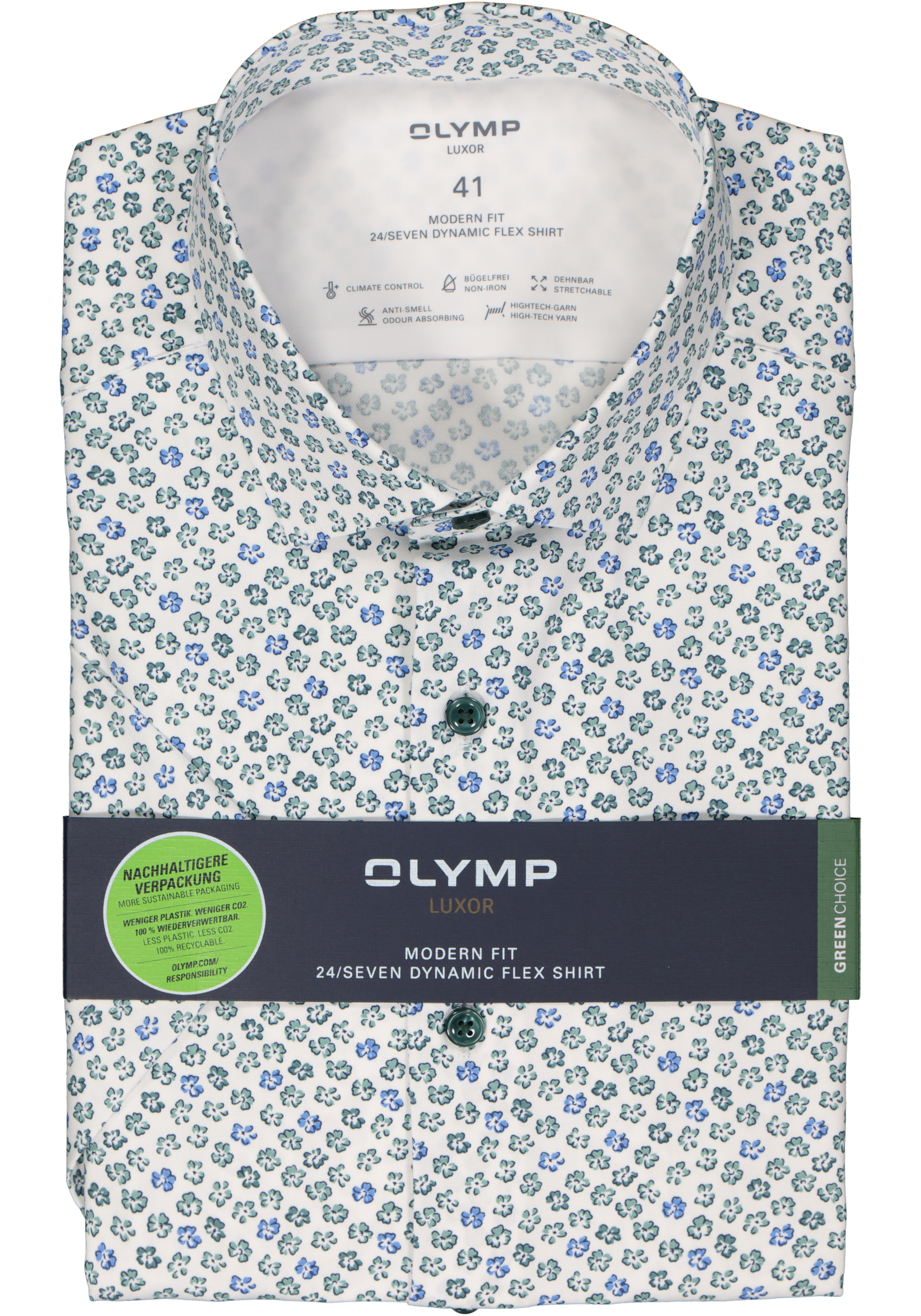 OLYMP 24/7 modern fit overhemd, korte mouw, dynamic flex, wit met blauw en groen bloemen dessin