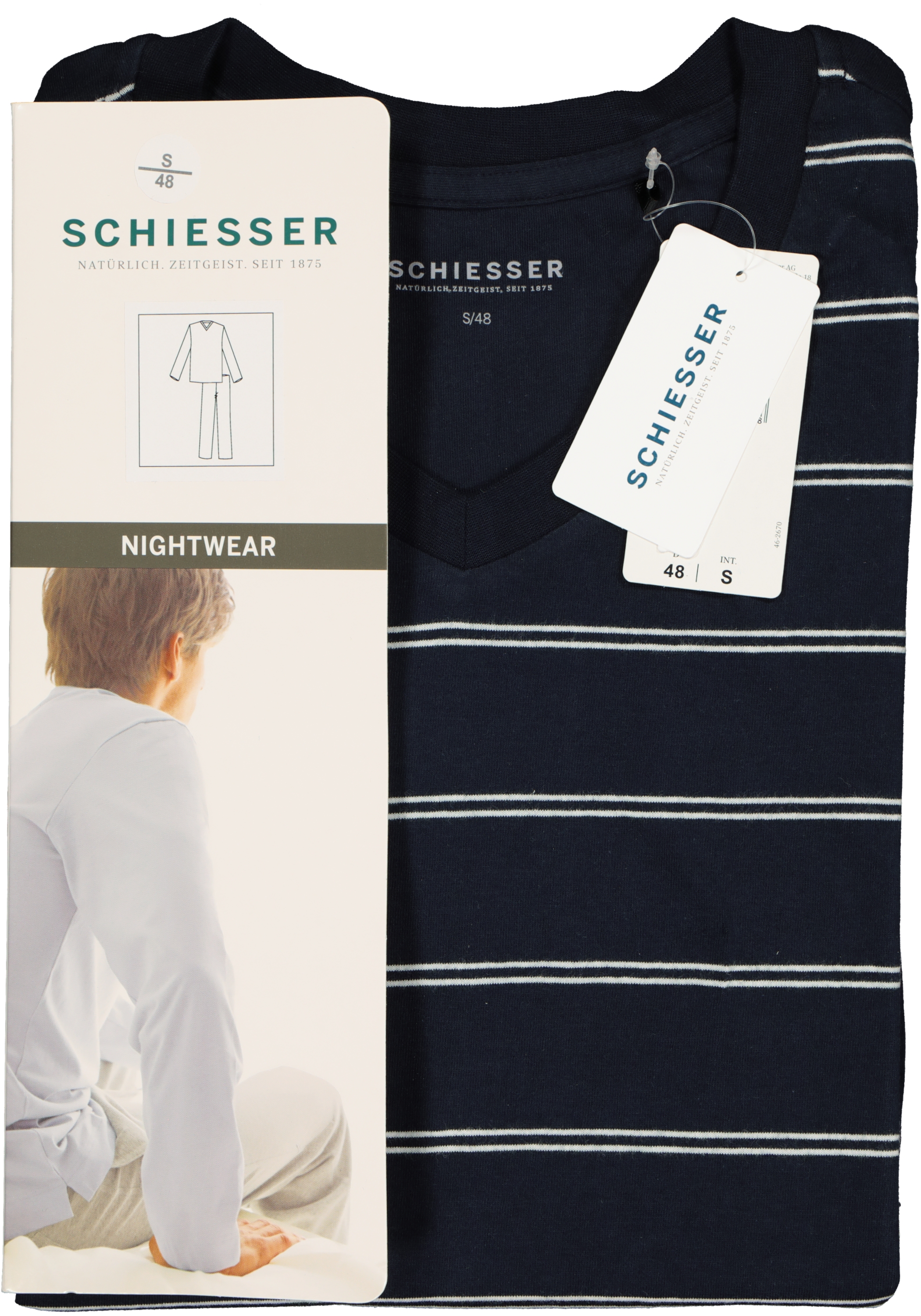 SCHIESSER heren pyjama, V-hals, blauw met wit gestreept