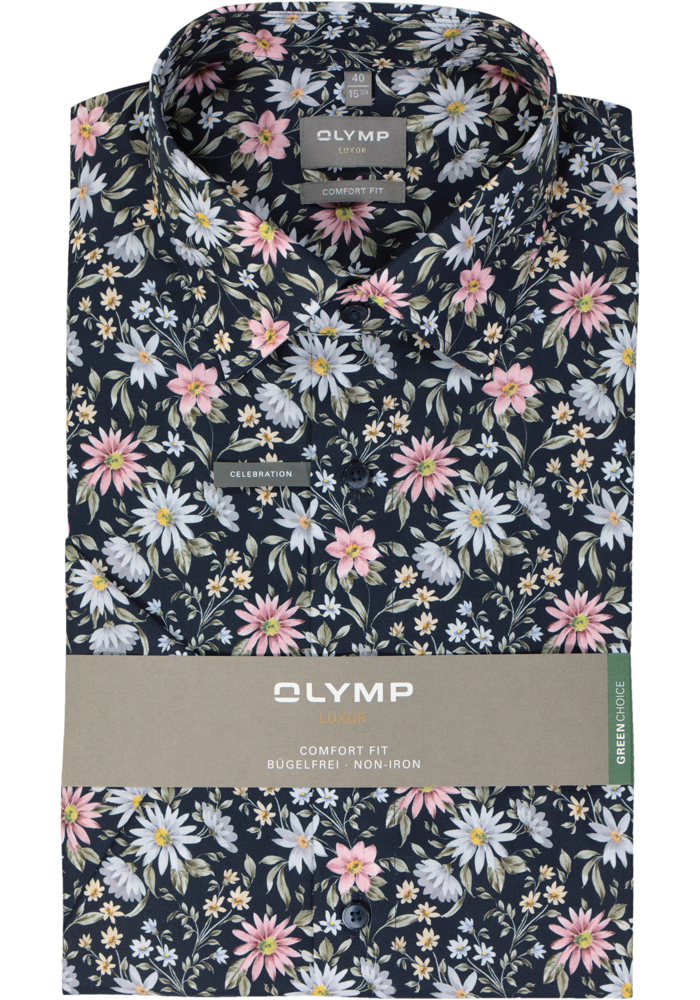 OLYMP comfort fit overhemd, korte mouw, popeline, marine blauw dessin