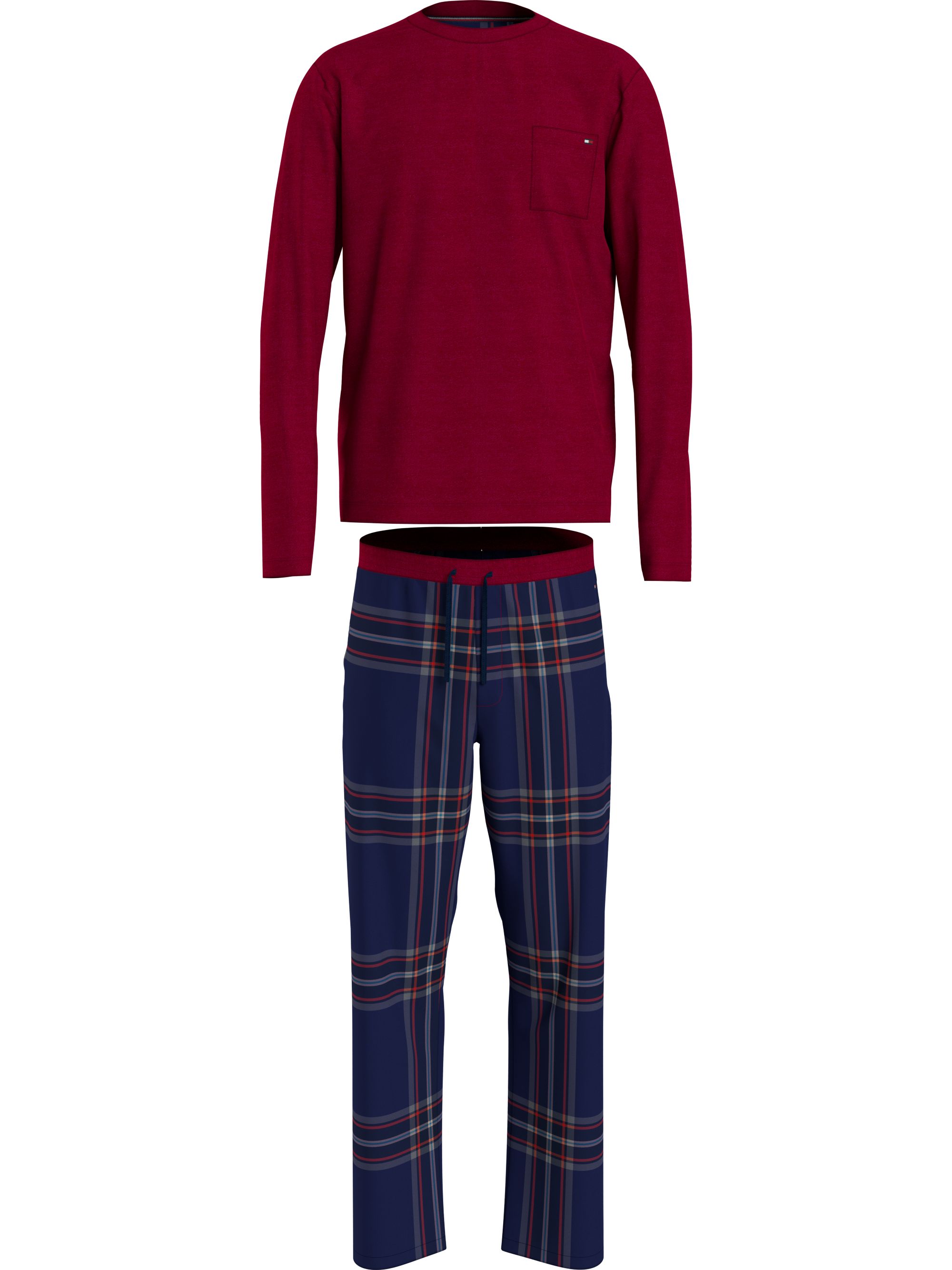 Tommy Hilfiger heren pyjama O-hals, donkerrood met blauw geruite broek