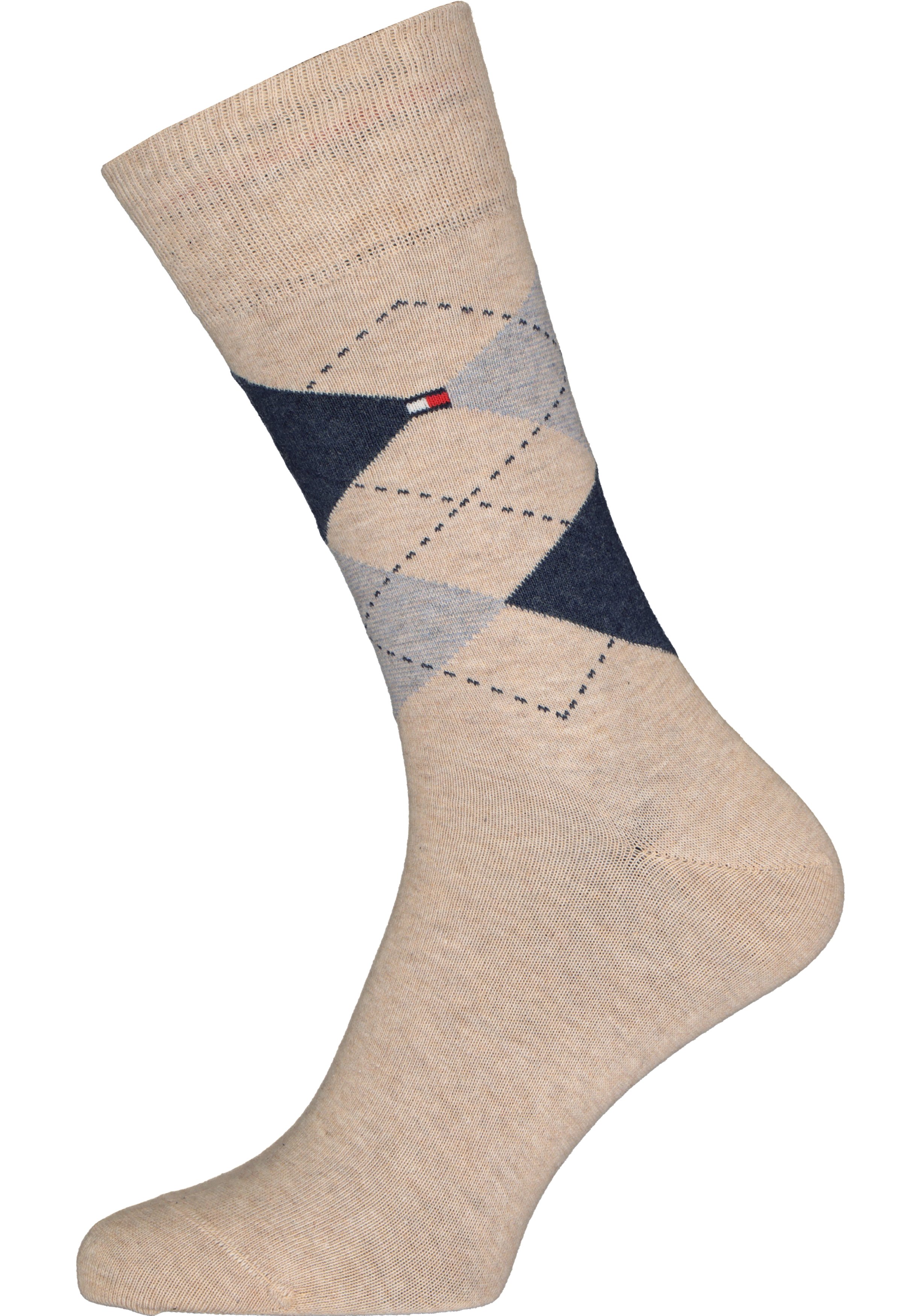 Tommy Hilfiger Check Socks (2-pack), herensokken katoen, geruit en uni, beige met jeansblauw