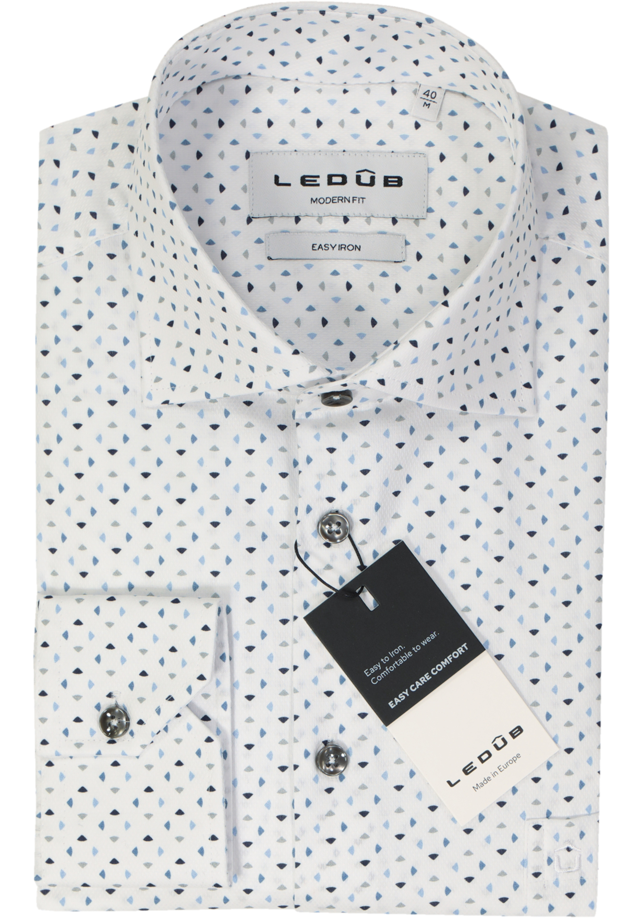 Ledub modern fit overhemd, popeline, wit met blauw dessin