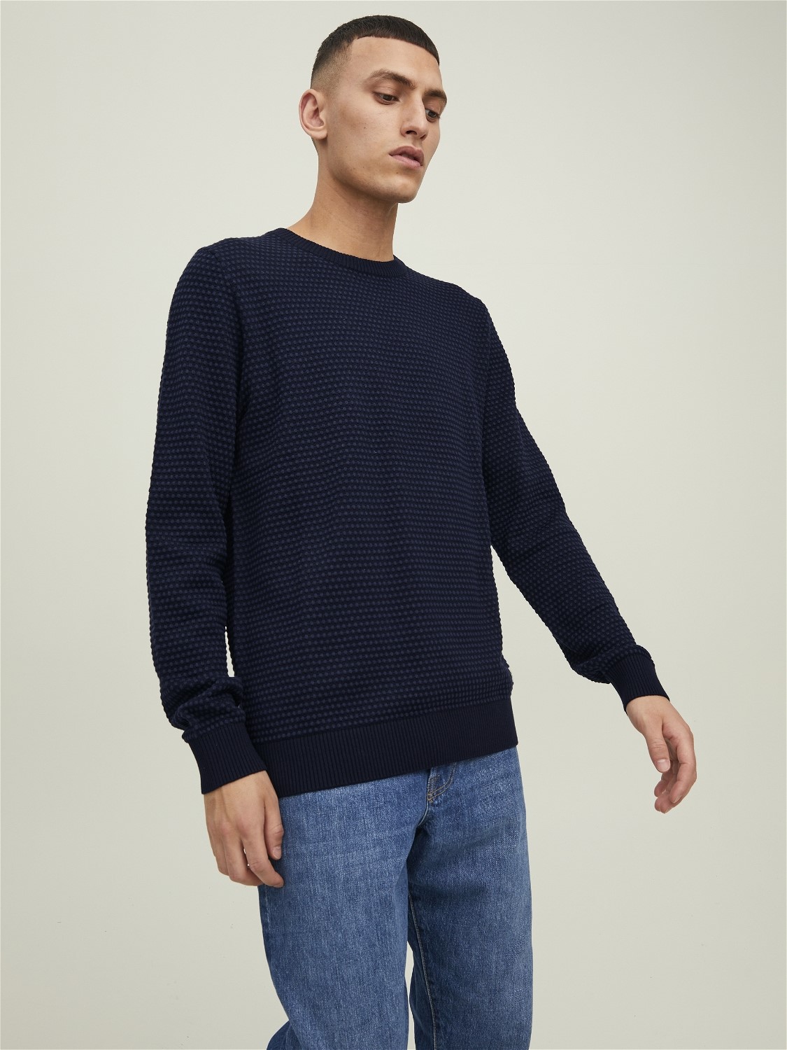 JACK & JONES Atlas knit crew neck slim fit, heren pullover katoen met O-hals, jeansblauw