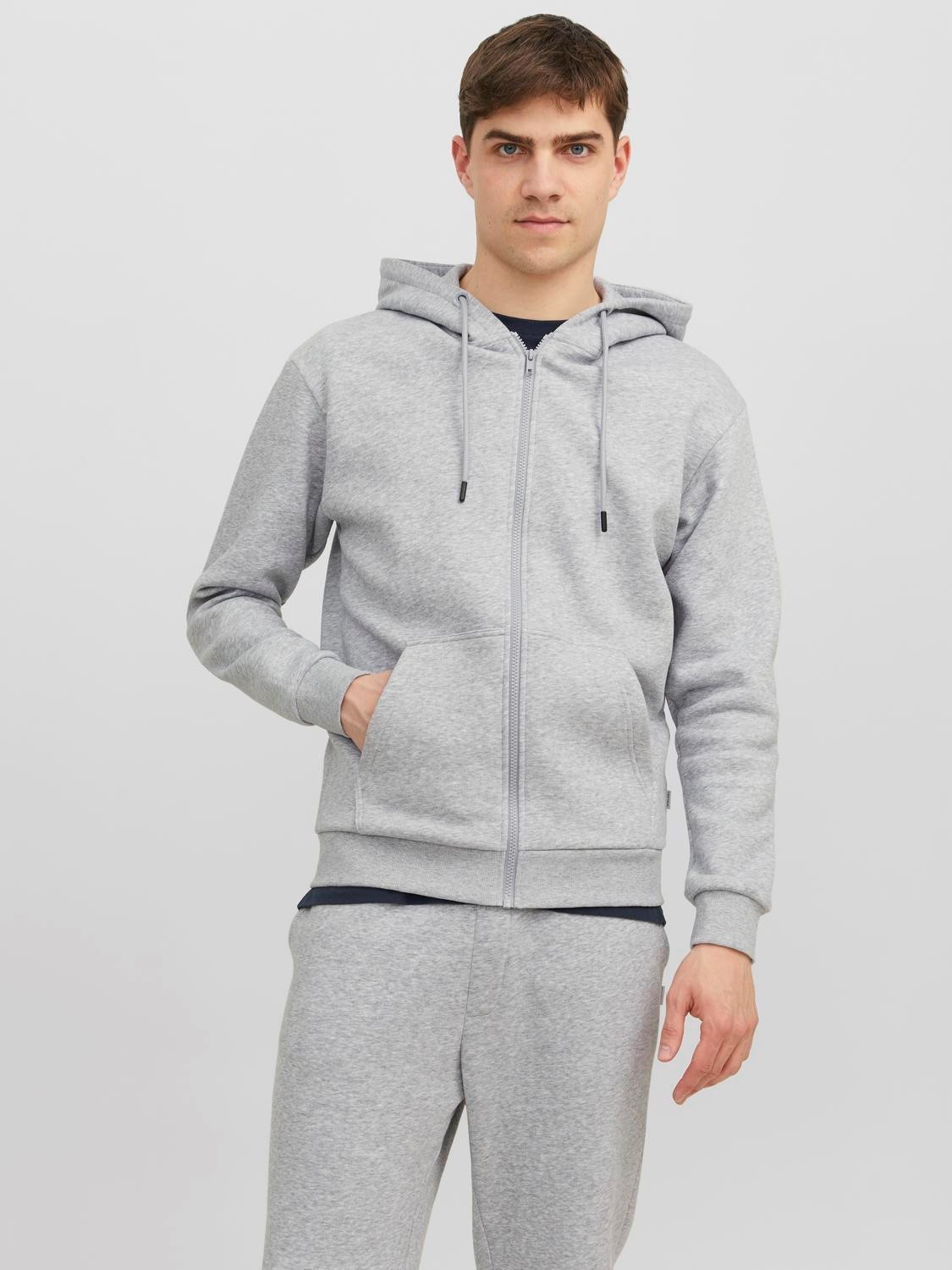 JACK & JONES Bradley sweat zip hood regular fit, heren sweatvest katoenmengsel met capuchon, lichtgrijs melange