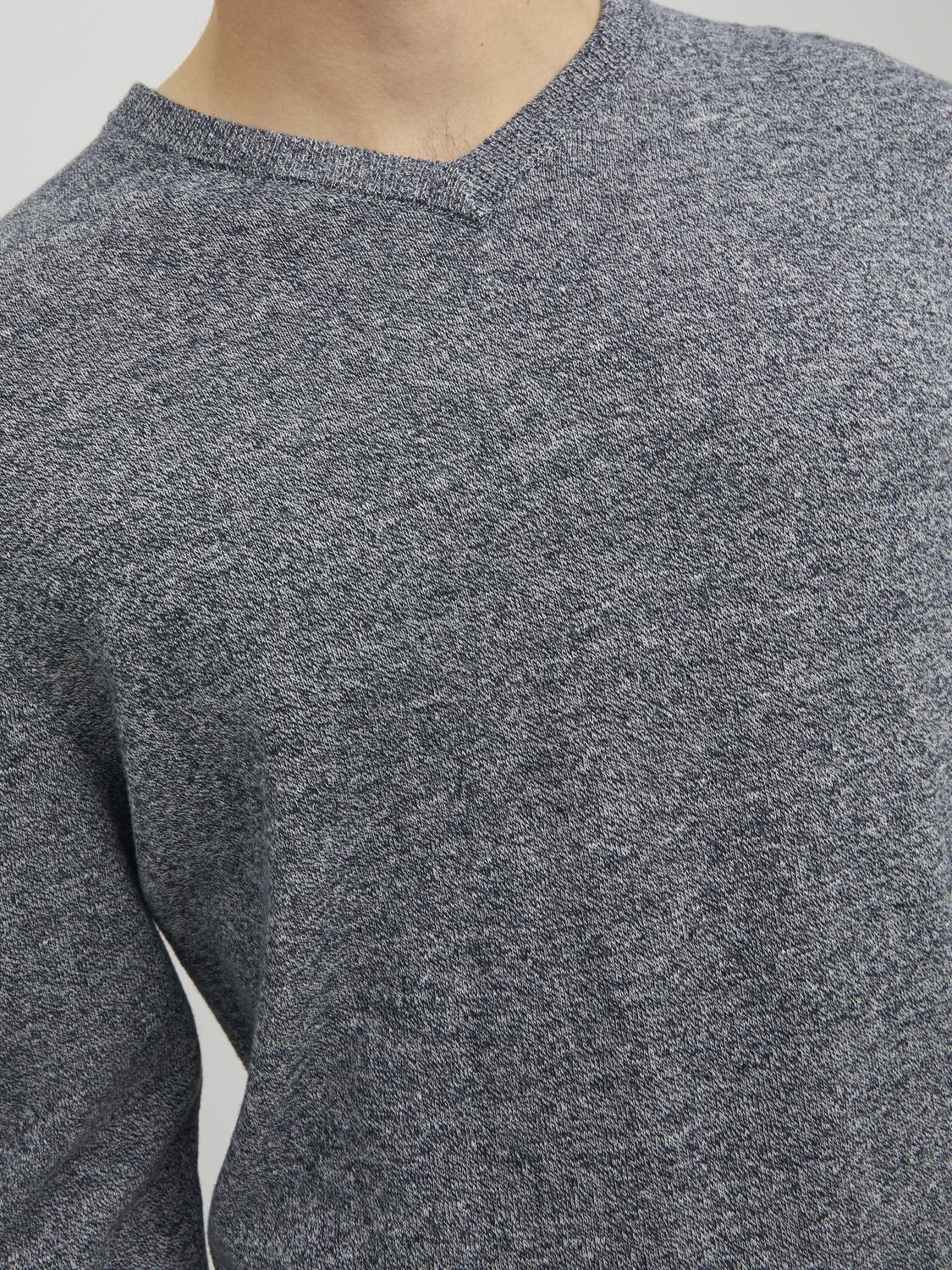 JACK & JONES Basic knit v-neck slim fit, heren pullover katoen met V-hals, blauw samen met offwhite