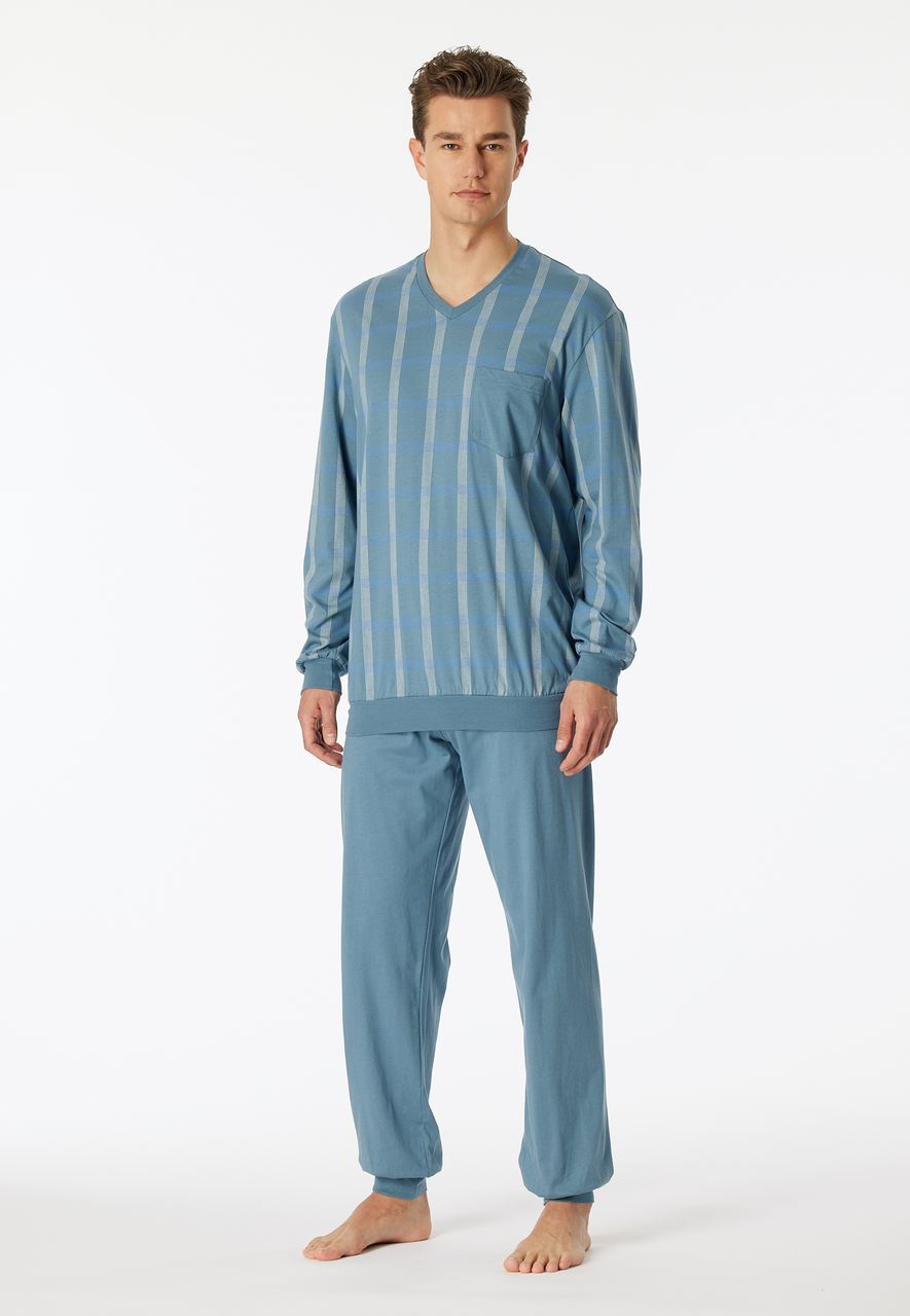 SCHIESSER Comfort Nightwear pyjamaset, heren pyjama lang organic cotton V-hals manchetten borstzak blauw-grijs geruit