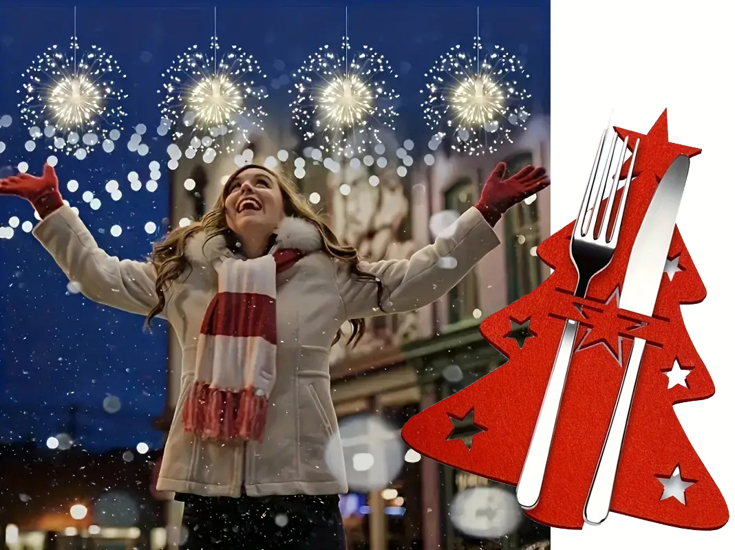 Kerst feestelijk tafelen cadeauset, vuurwerk lampjes en bestekhouders