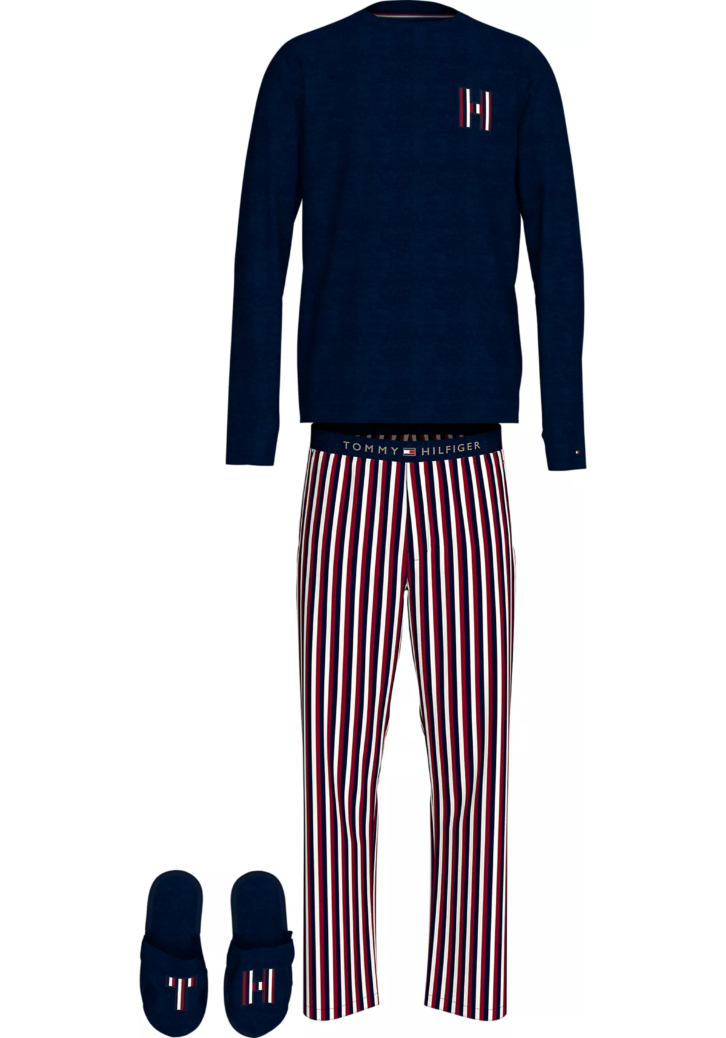 Tommy Hilfiger heren pyjama set, blauw shirt en slippers met rood-wit-blauw gestreepte broek