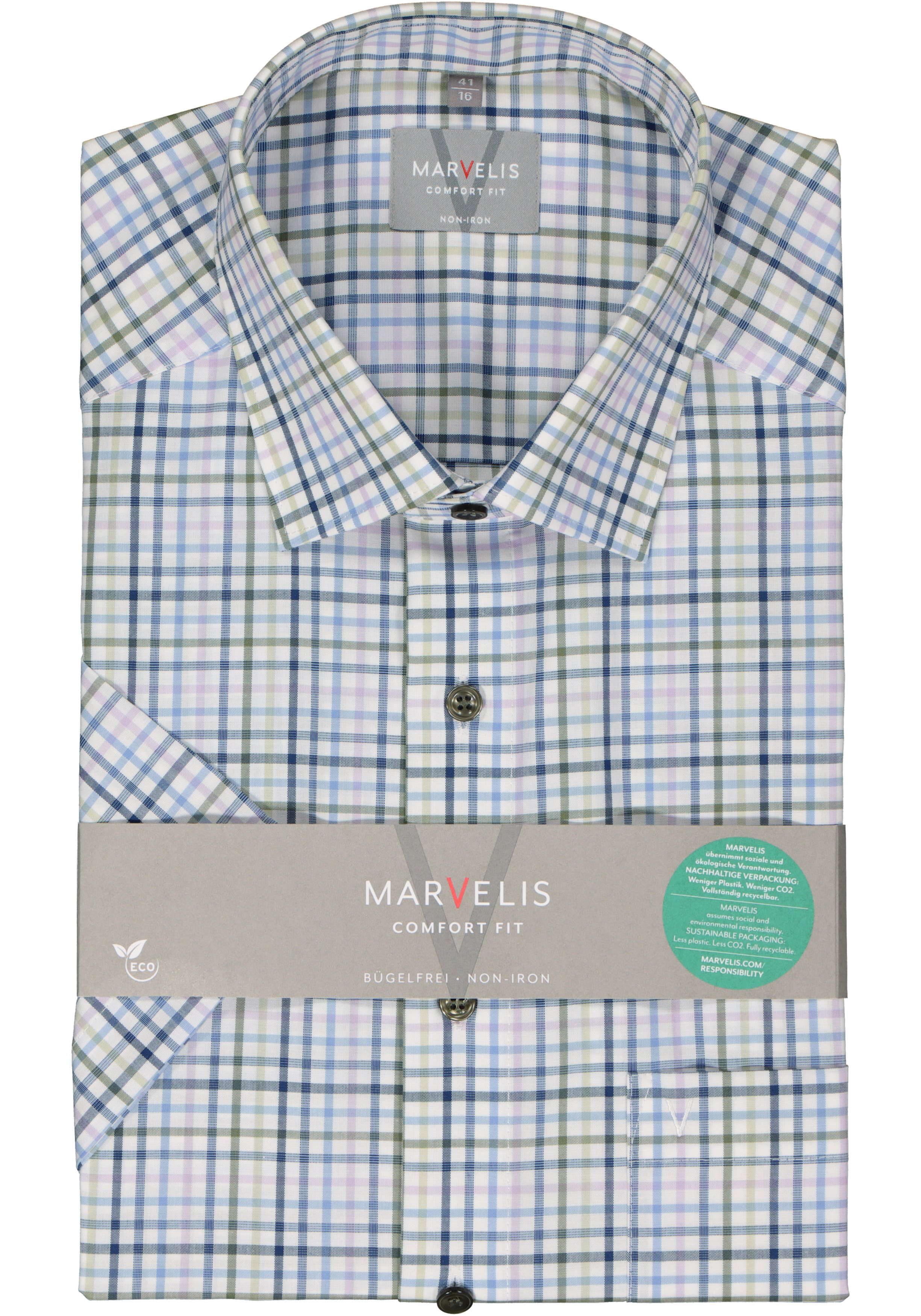 MARVELIS comfort fit overhemd, korte mouw, popeline, wit met blauw, lila en groen geruit