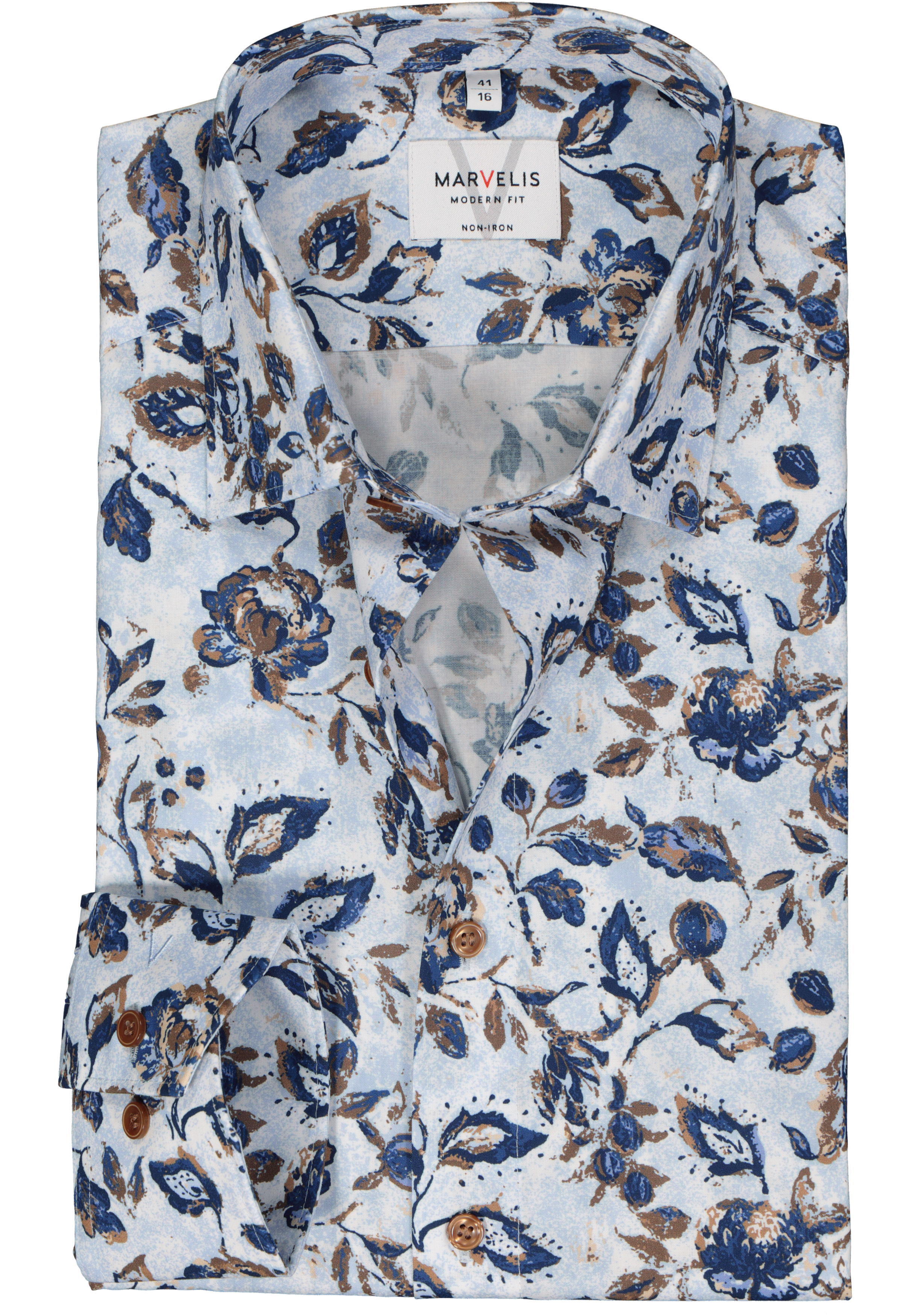 MARVELIS modern fit overhemd, mouwlengte 7, popeline, lichtblauw met beige en donkerblauw dessin