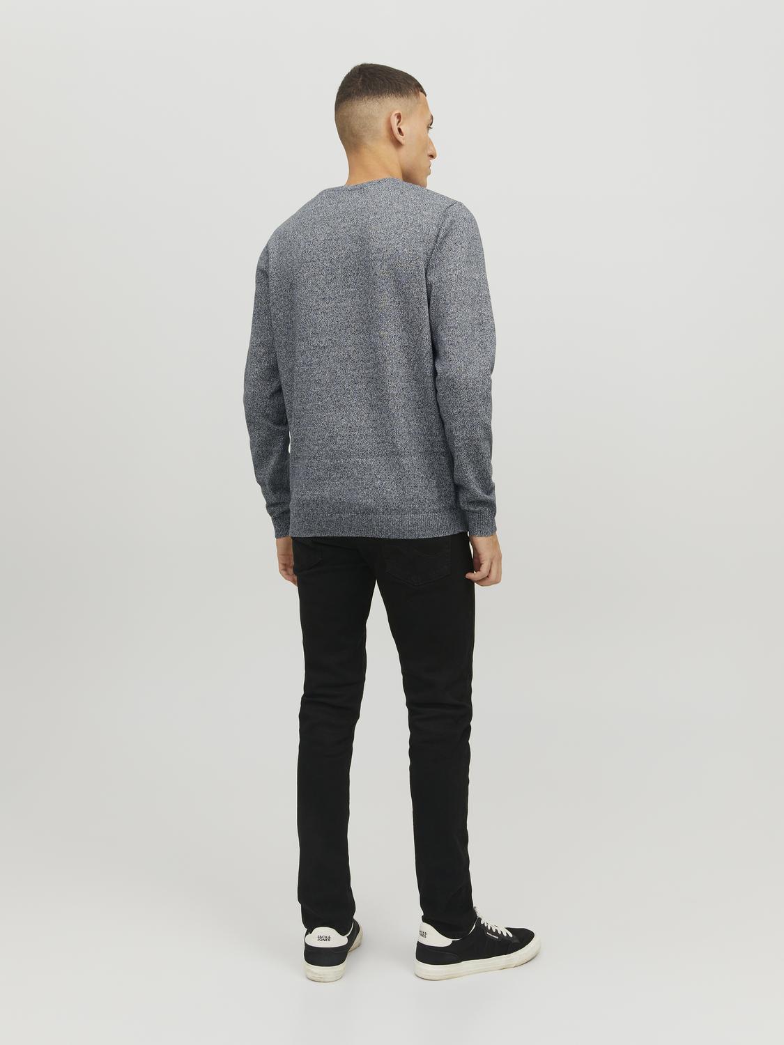 JACK & JONES Basic knit crew neck slim fit, heren pullover katoen met O-hals, blauw samen met offwhite