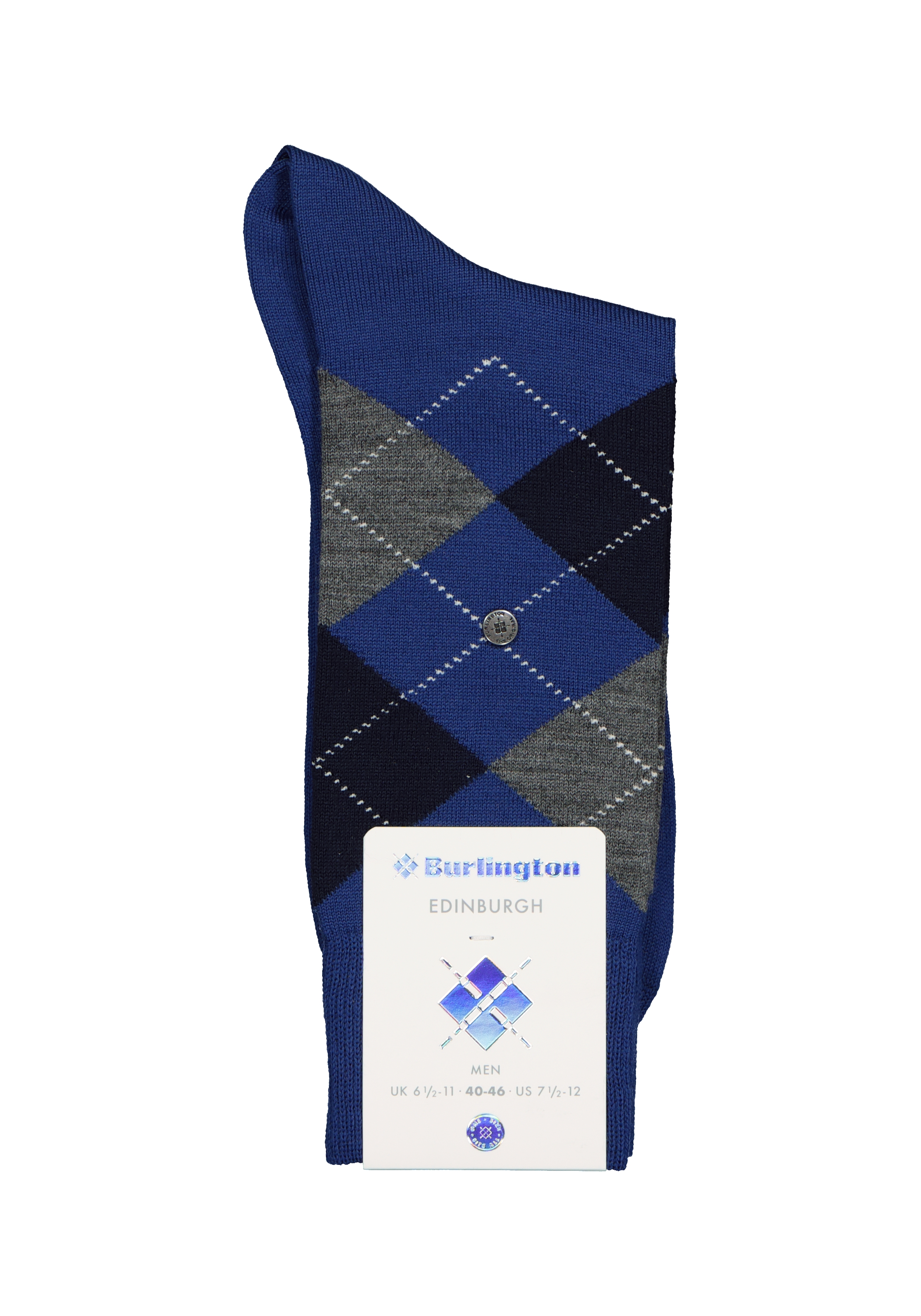 Burlington Edinburgh herensokken, wol, royal blauw met grijs en zwart