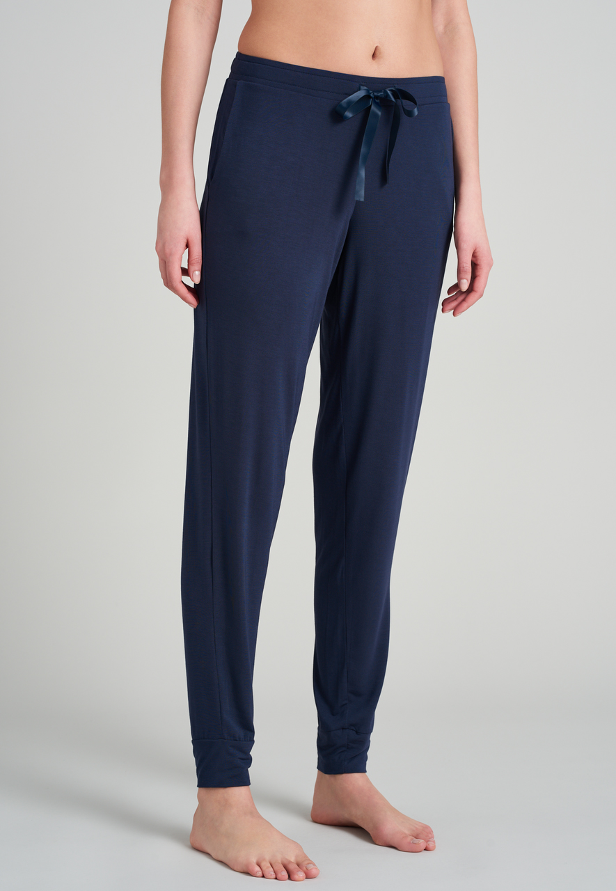 SCHIESSER Mix+Relax loungebroek lang, dames loungebroek lang modal boordjes blauw