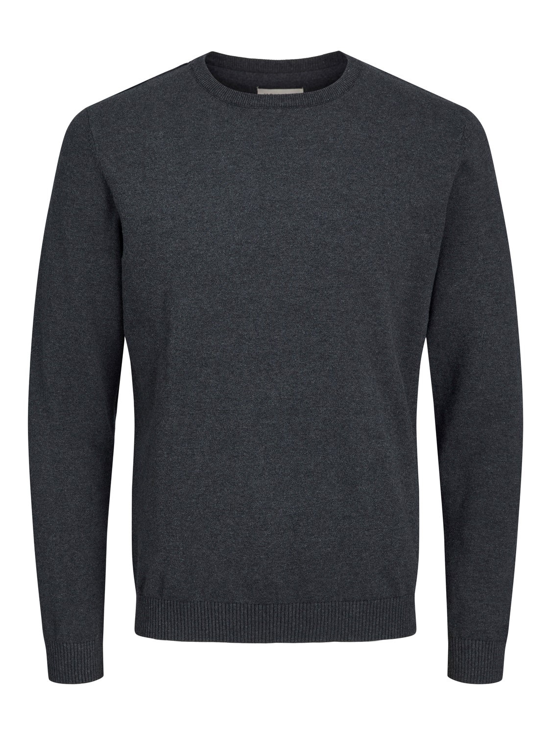 JACK & JONES Basic knit crew neck slim fit, heren pullover katoen met O-hals, donkergrijs melange