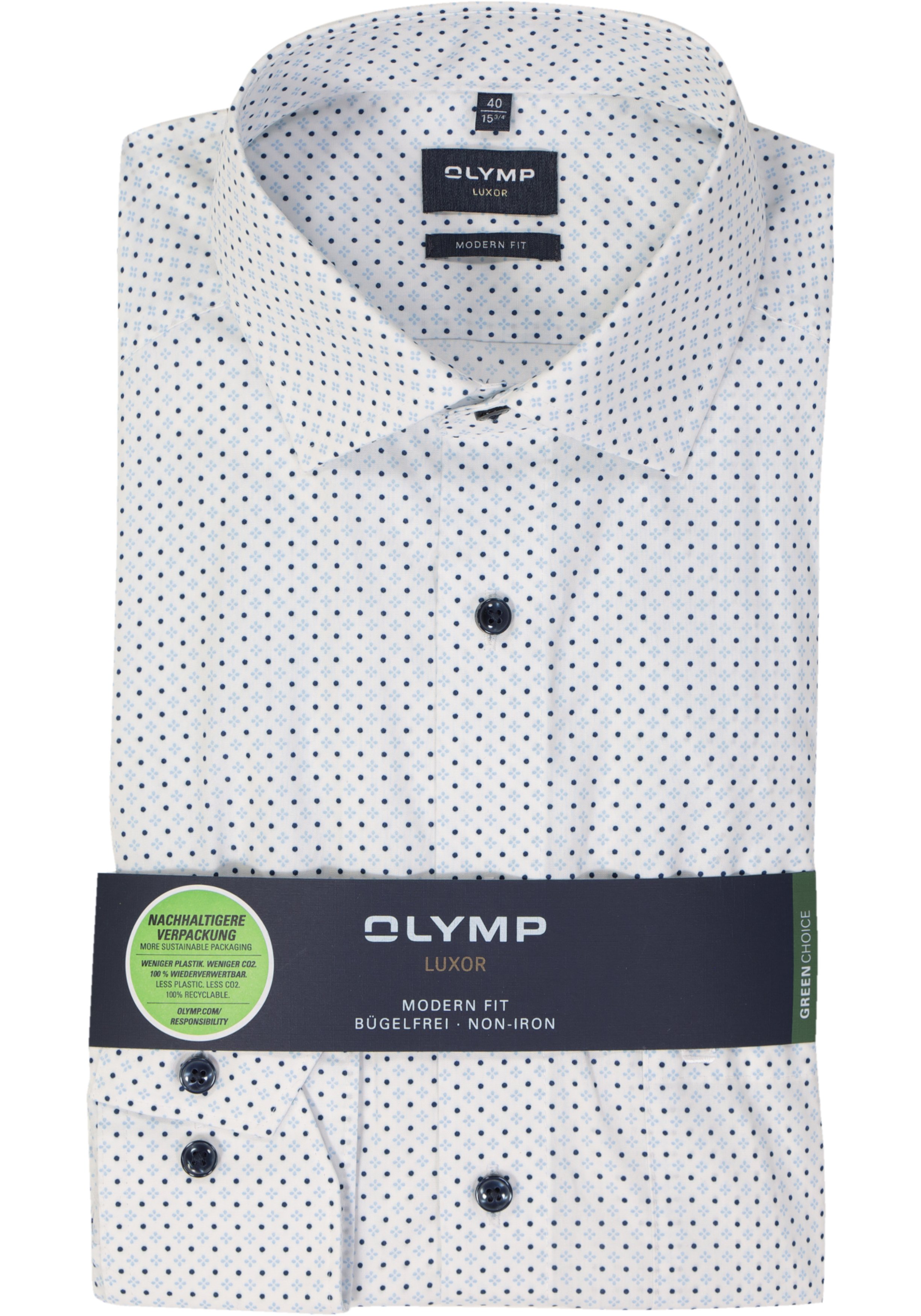 OLYMP modern fit overhemd, mouwlengte 7, mouwlengte 7, popeline, wit met licht- en donkerblauw dessin