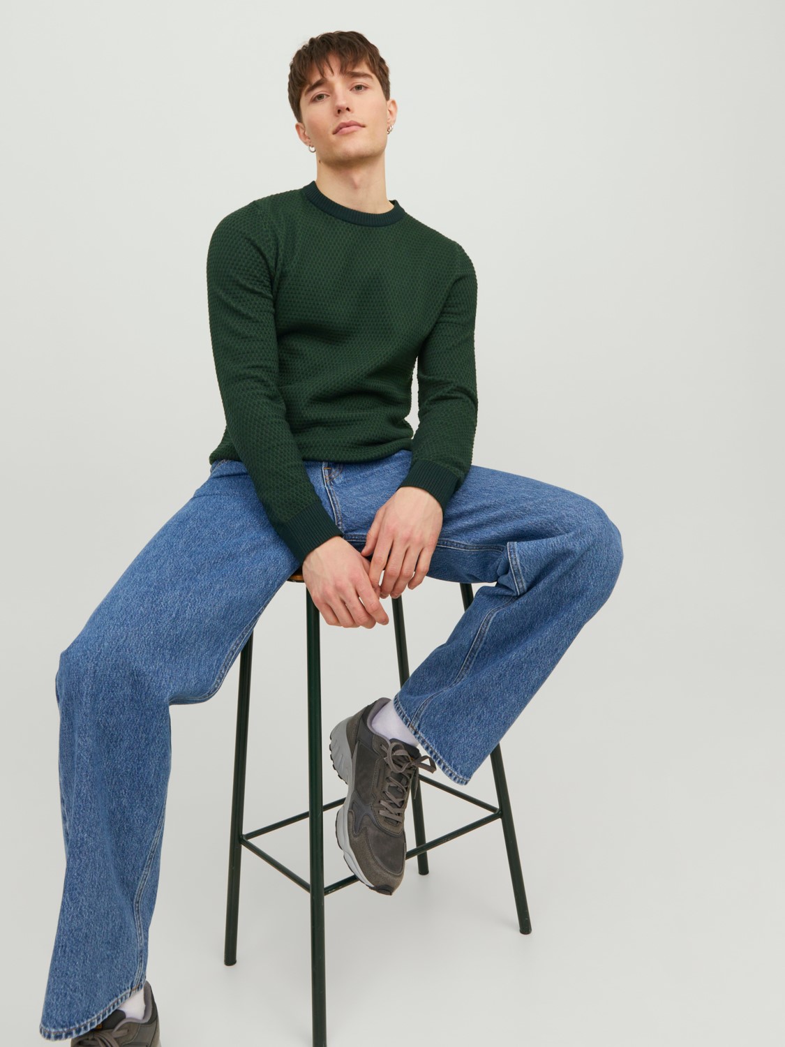 JACK & JONES Atlas knit crew neck slim fit, heren pullover katoen met O-hals, groen melange