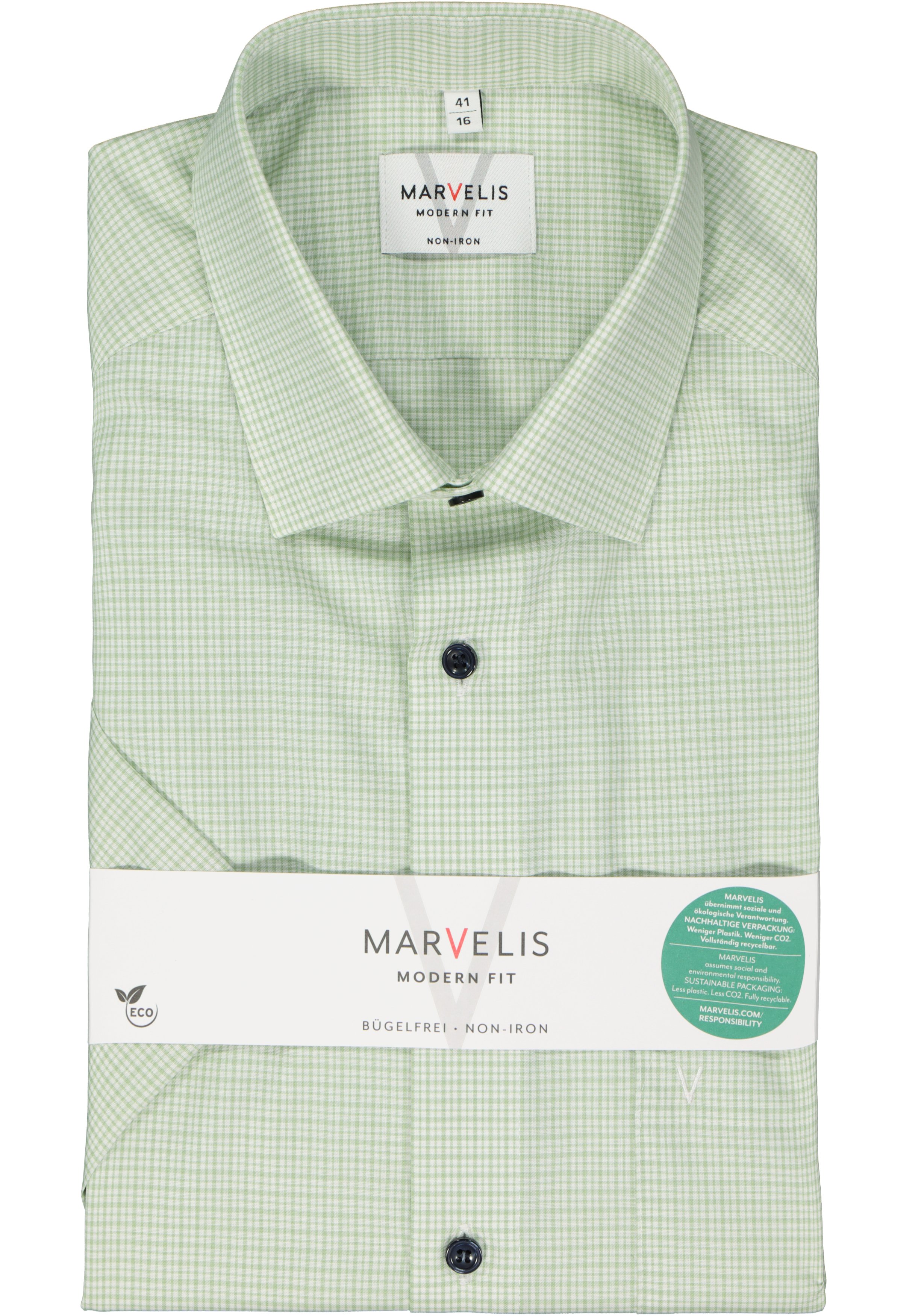 MARVELIS modern fit overhemd, korte mouw, popeline, lichtgroen met wit geruit