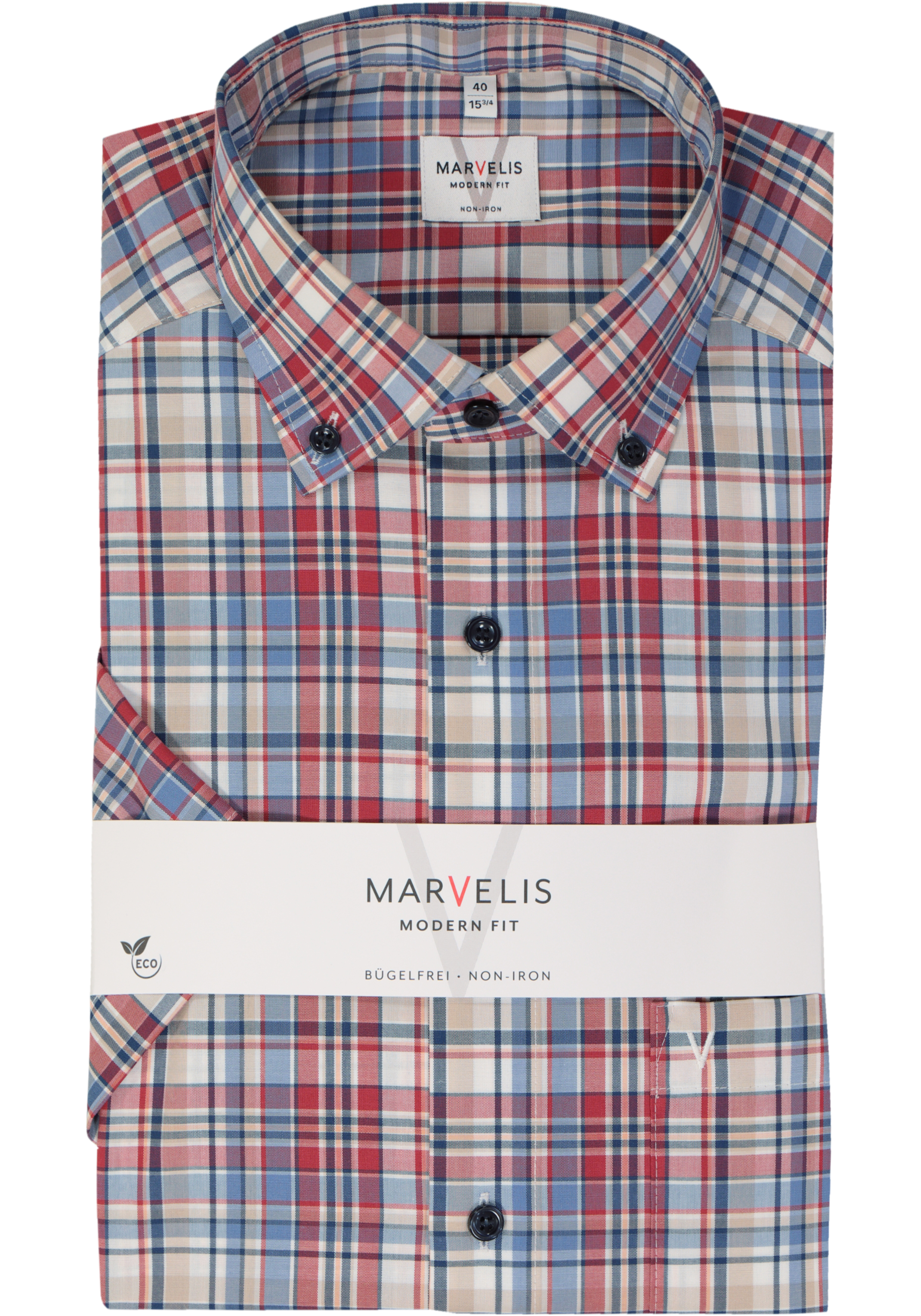 MARVELIS modern fit overhemd, korte mouw, popeline, rood geruit