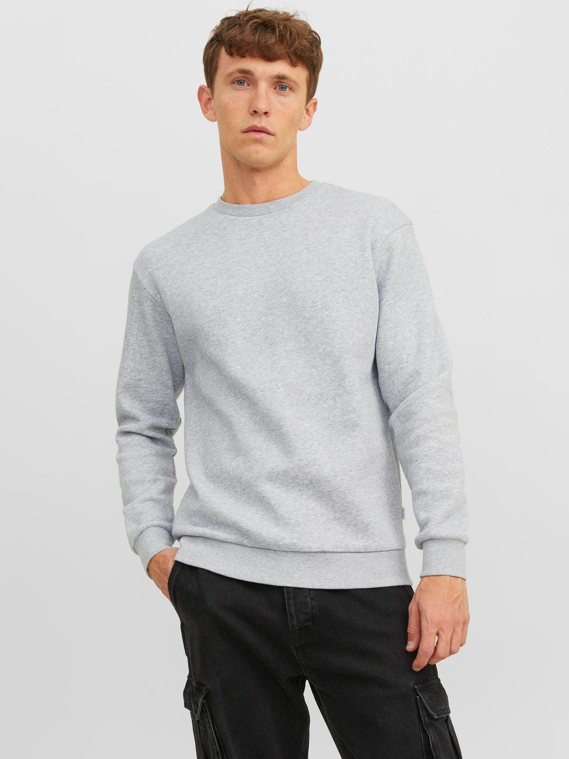 JACK & JONES Bradley sweat crew regular fit, heren sweatshirt katoenmengsel met O-hals, lichtgrijs melange