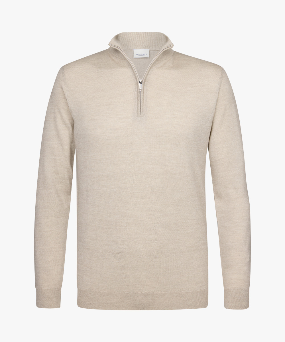 Profuomo heren trui wol, slim fit trui met korte rits, beige