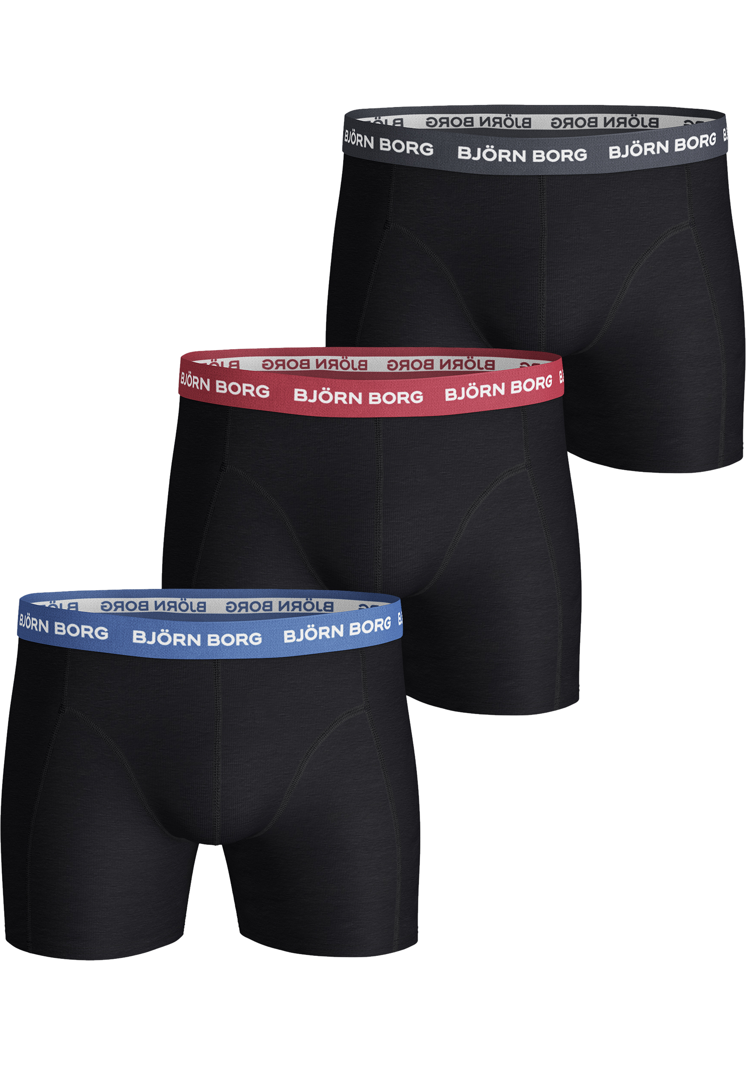 Bjorn Borg boxershorts Essential (3-pack), heren boxers normale lengte, zwart met gekleurde tailleband