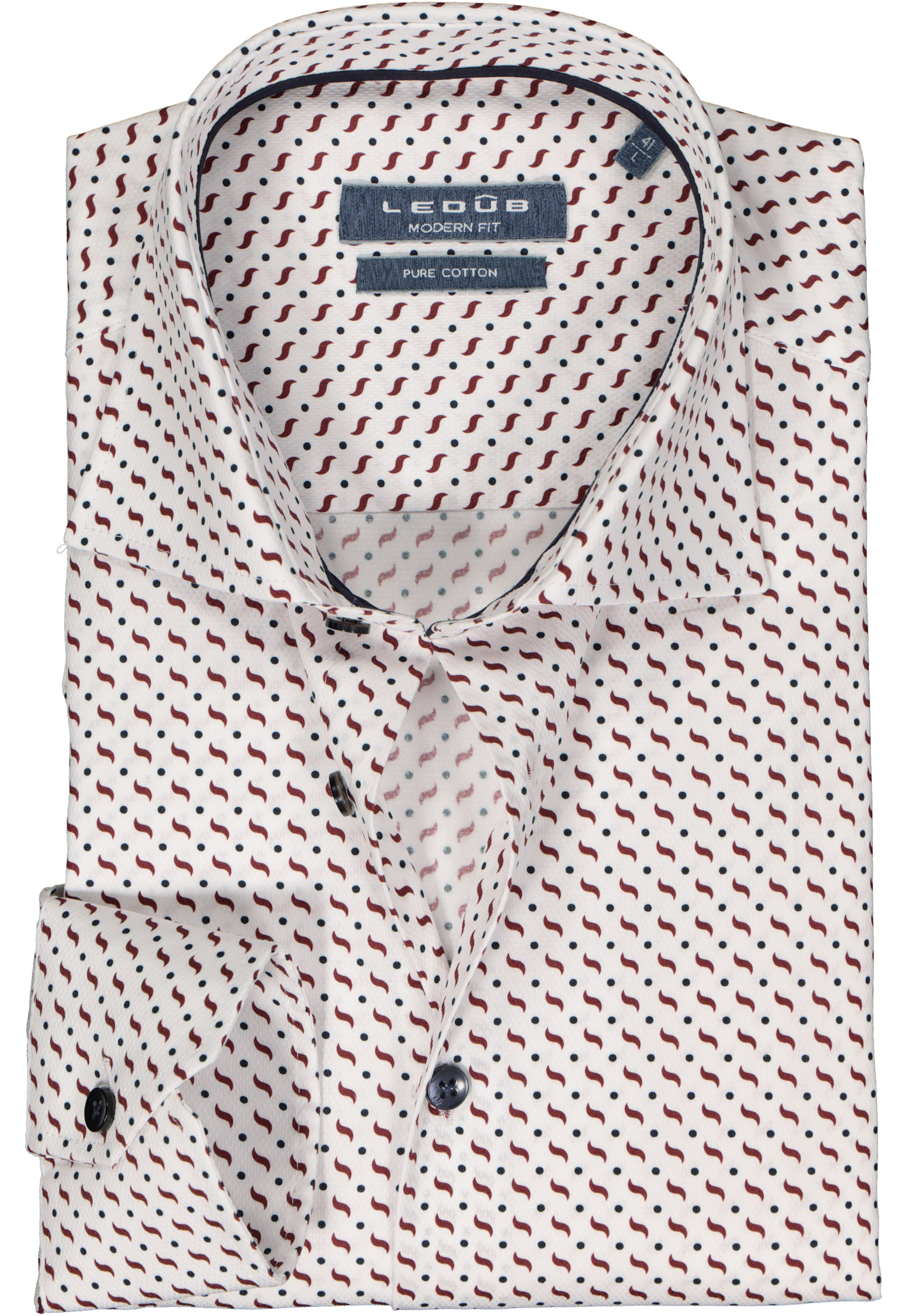 Ledub modern fit overhemd, wit met blauw en rood dessin