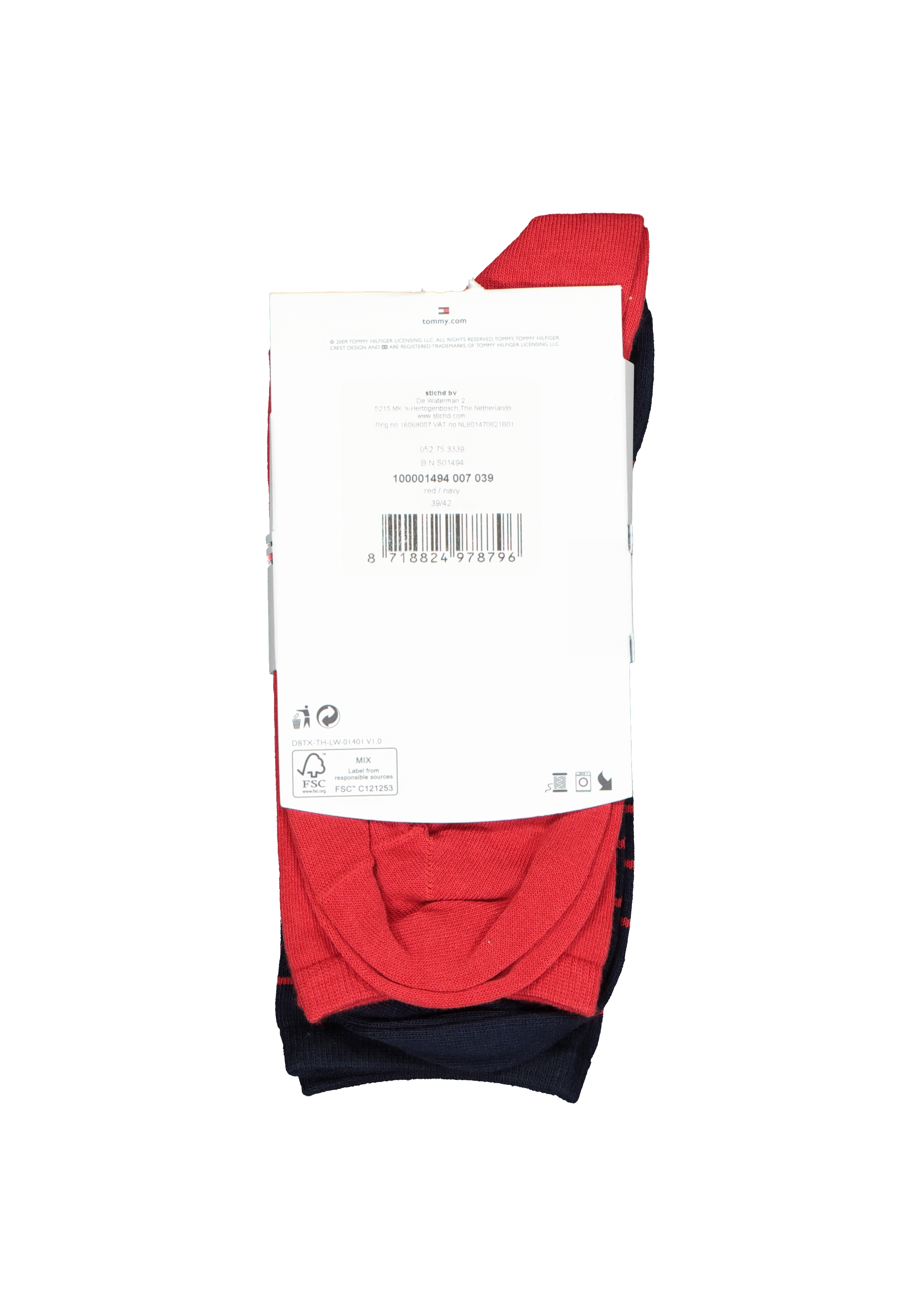 Tommy Hilfiger damessokken Small Stripe (2-pack), uni en gestreept katoen, rood met blauw