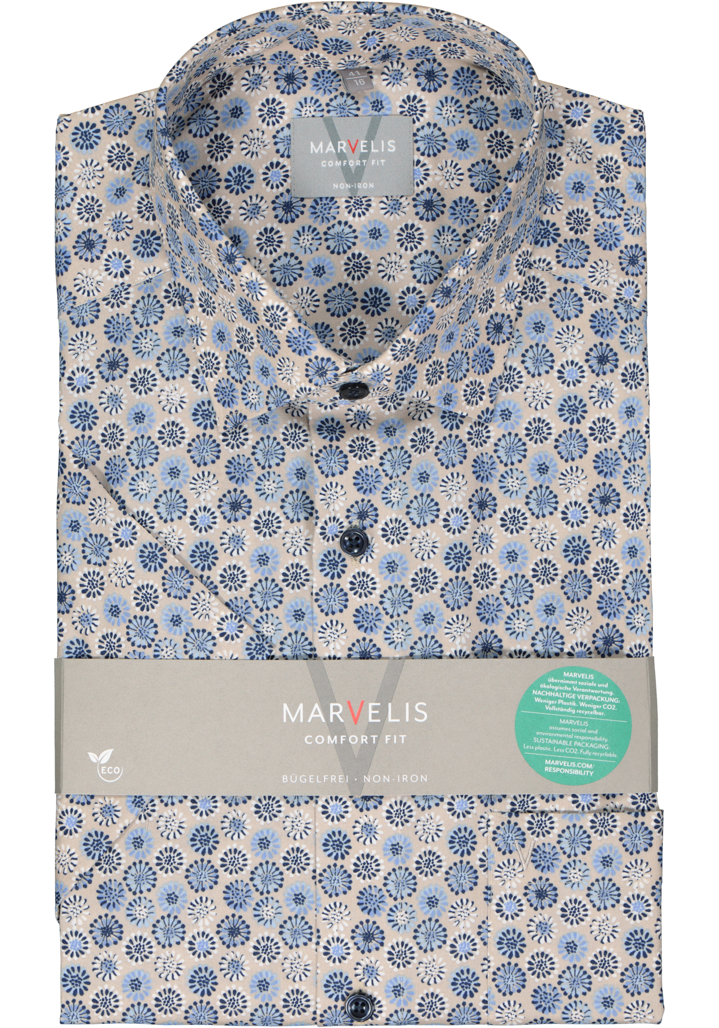 MARVELIS comfort fit overhemd, korte mouw, popeline, beige met blauw en wit dessin