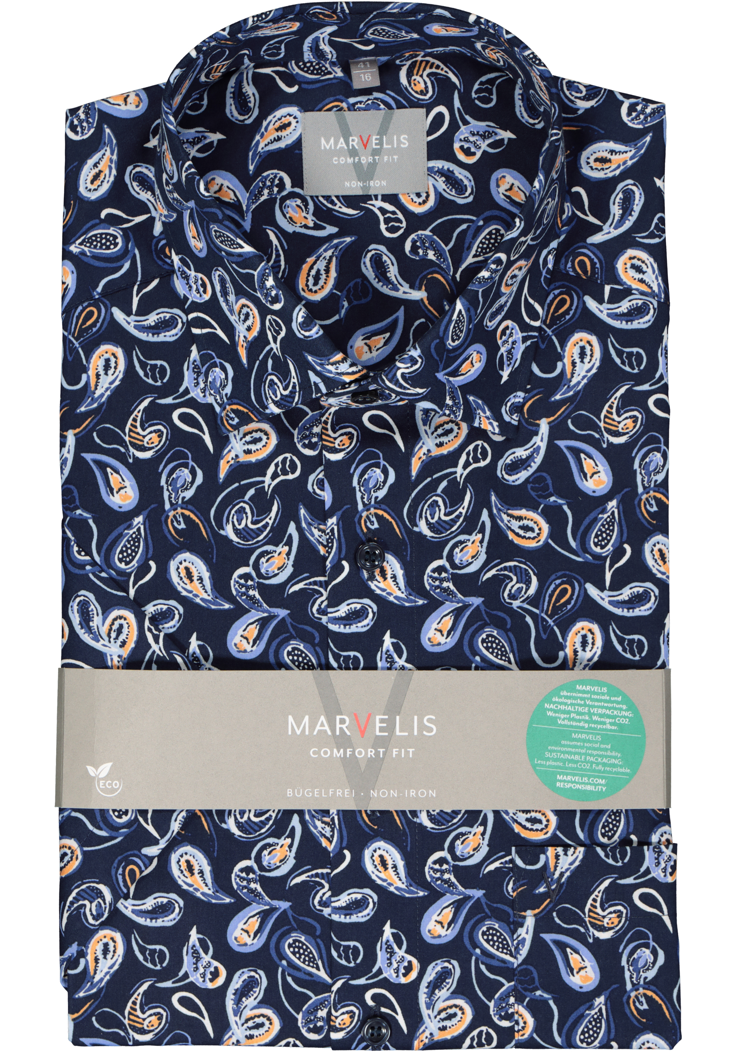 MARVELIS comfort fit overhemd, korte mouw, popeline, donkerblauw met wit, lichtblauw en oranje dessin