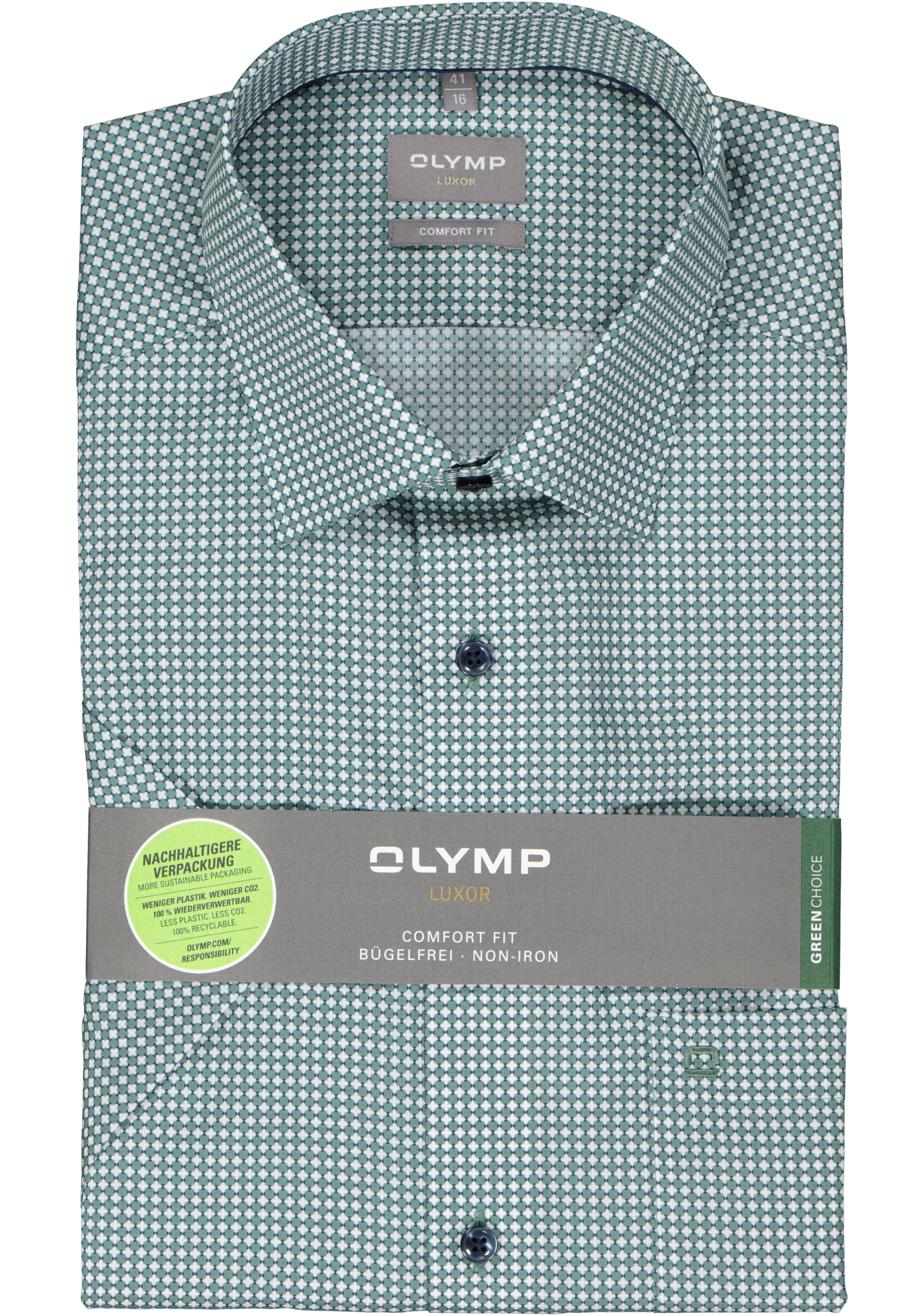 OLYMP comfort fit overhemd, korte mouw, popeline, wit met blauw en groen dessin