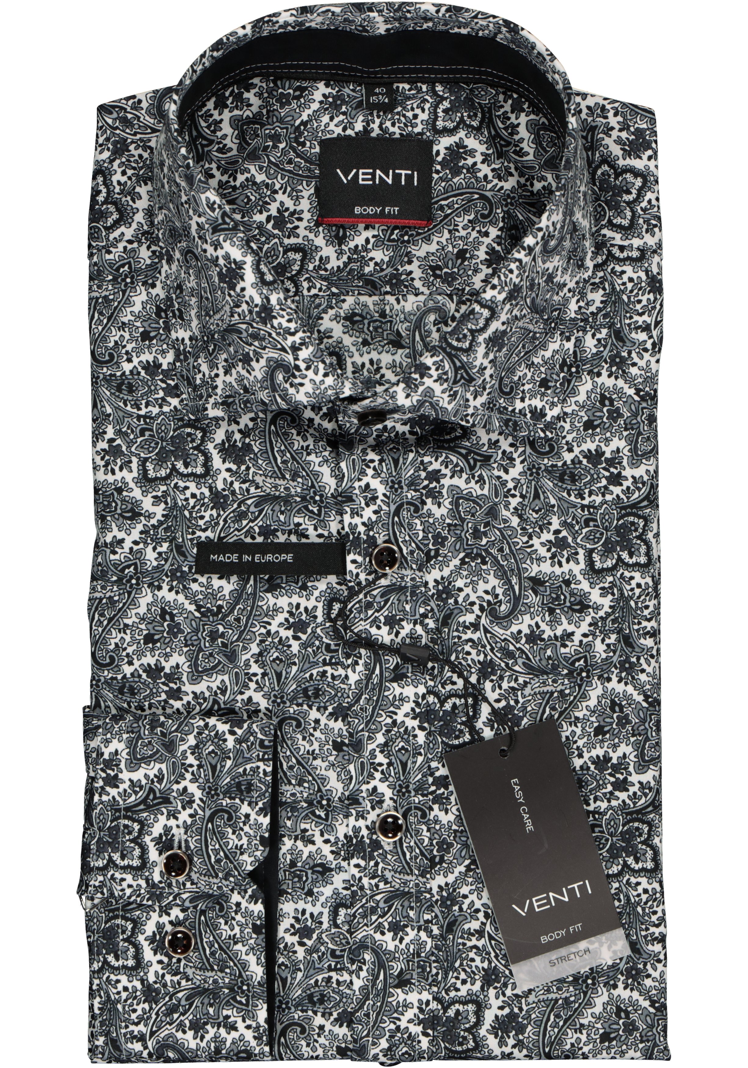 VENTI body fit overhemd, zwart met grijs en wit paisley dessin (contrast)