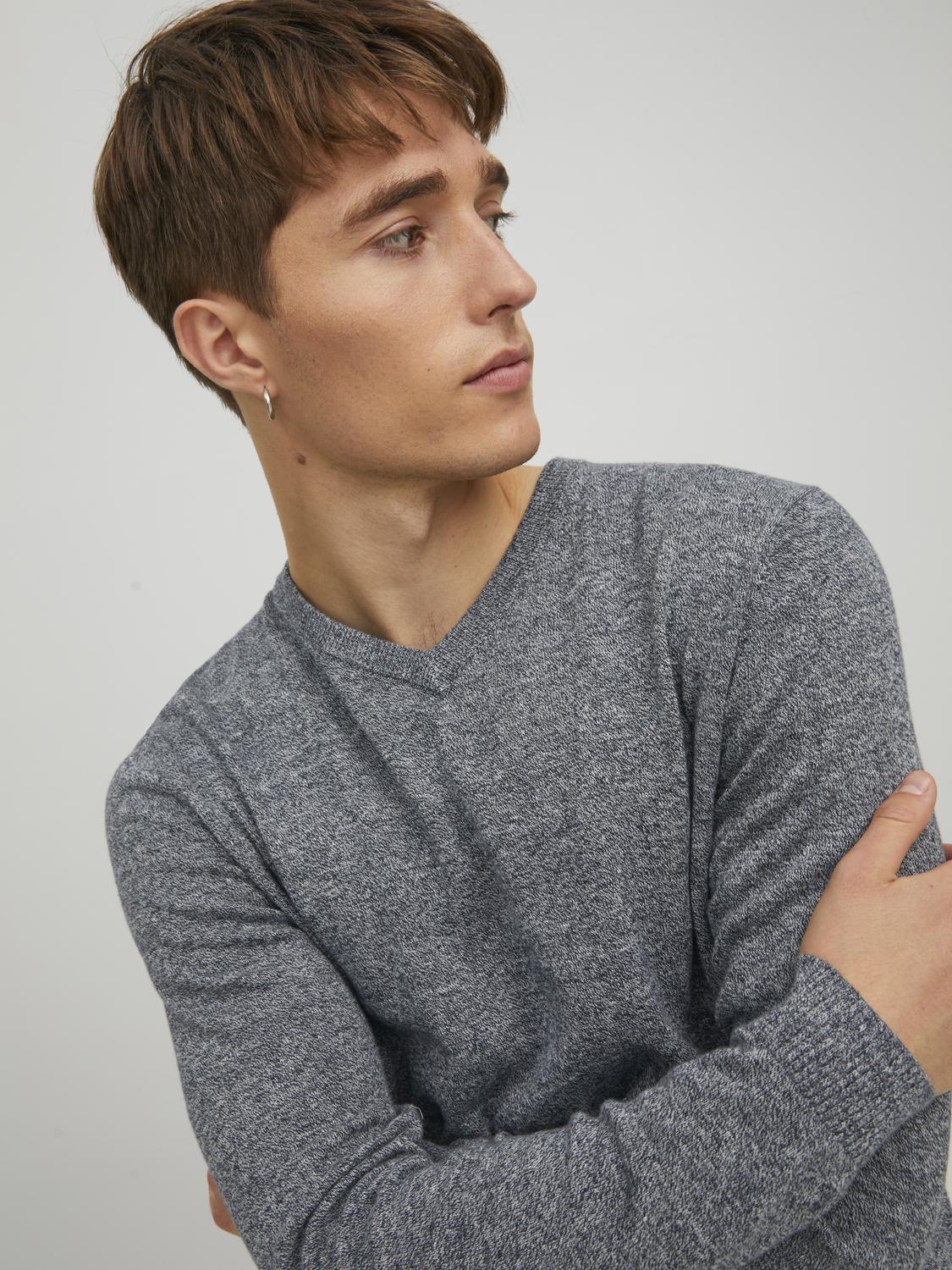 JACK & JONES Basic knit v-neck slim fit, heren pullover katoen met V-hals, blauw samen met offwhite