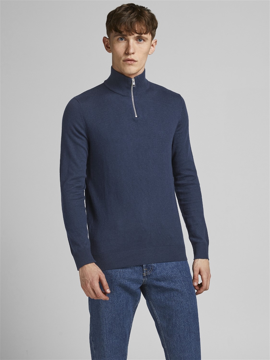 JACK & JONES Emil knit half zip slim fit, heren schipperstrui viscosemengsel met opstaande boord, blauw