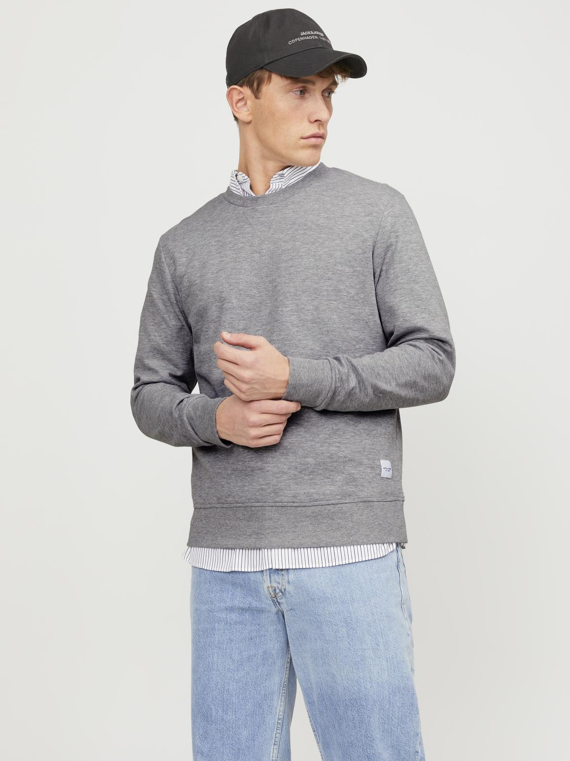 JACK & JONES Basic sweat crew neck regular fit, heren sweatshirt katoenmengsel met O-hals, lichtgrijs melange