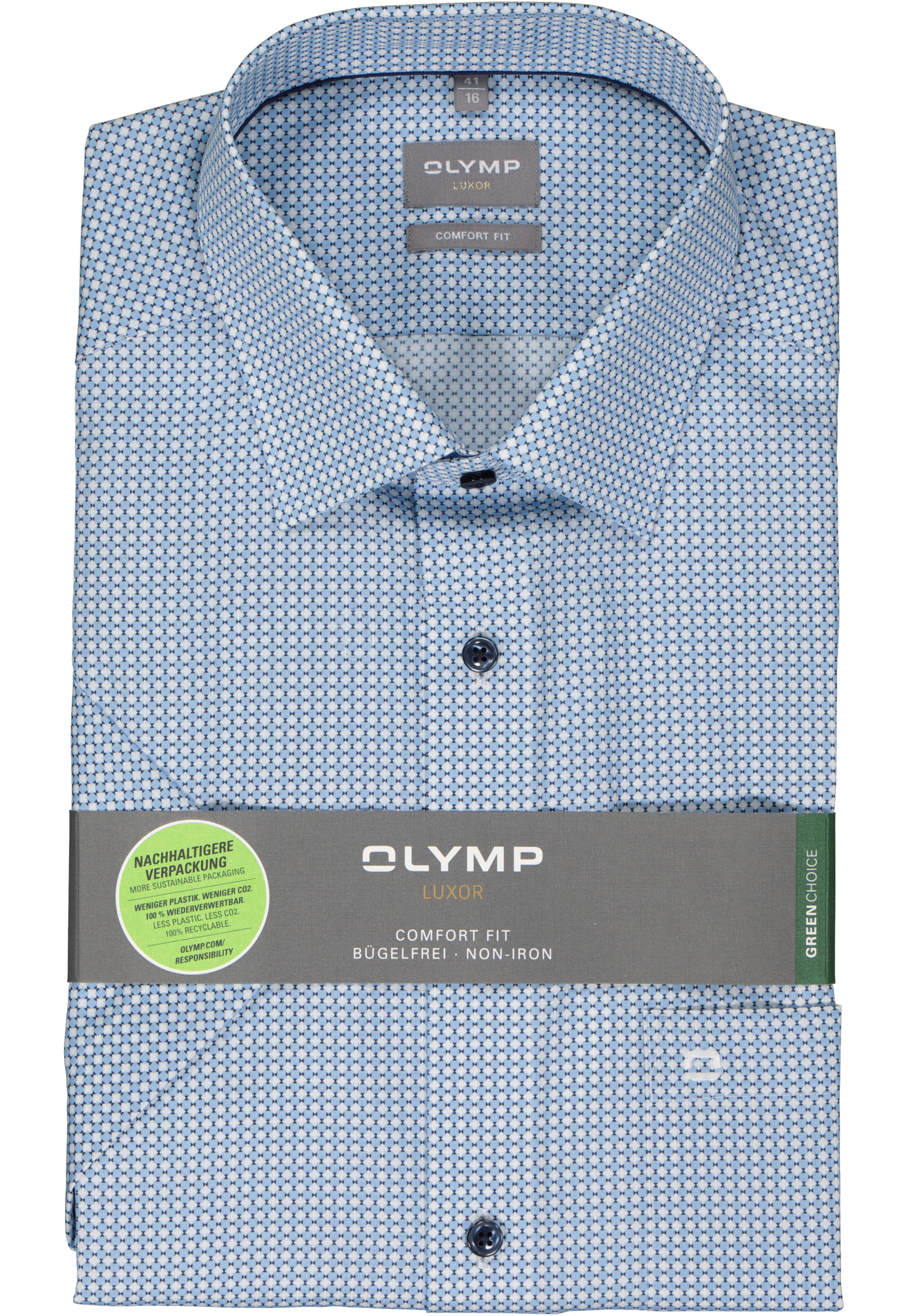 OLYMP comfort fit overhemd, korte mouw, popeline, wit met blauw dessin