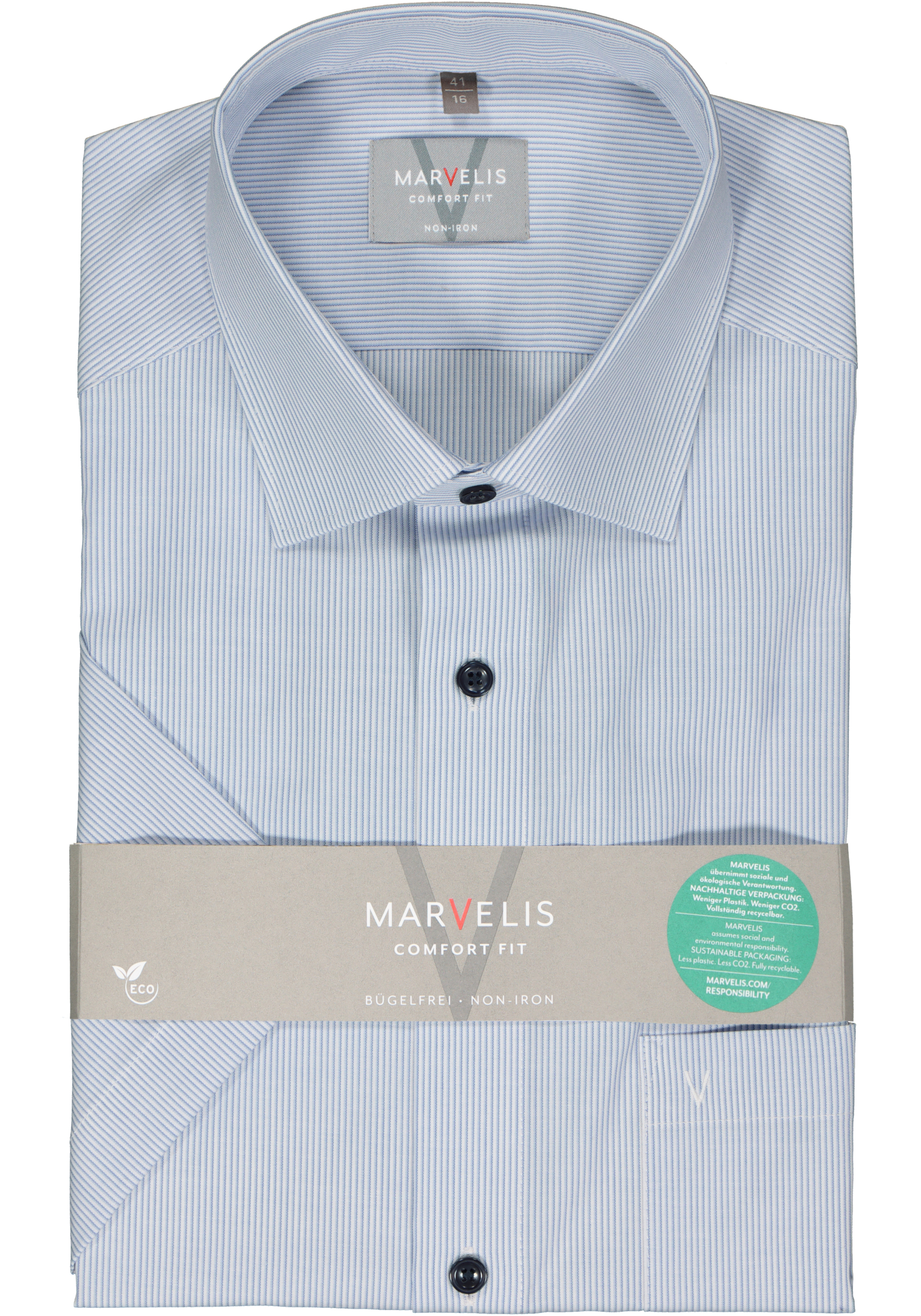 MARVELIS comfort fit overhemd, korte mouw, popeline, lichtblauw gestreept