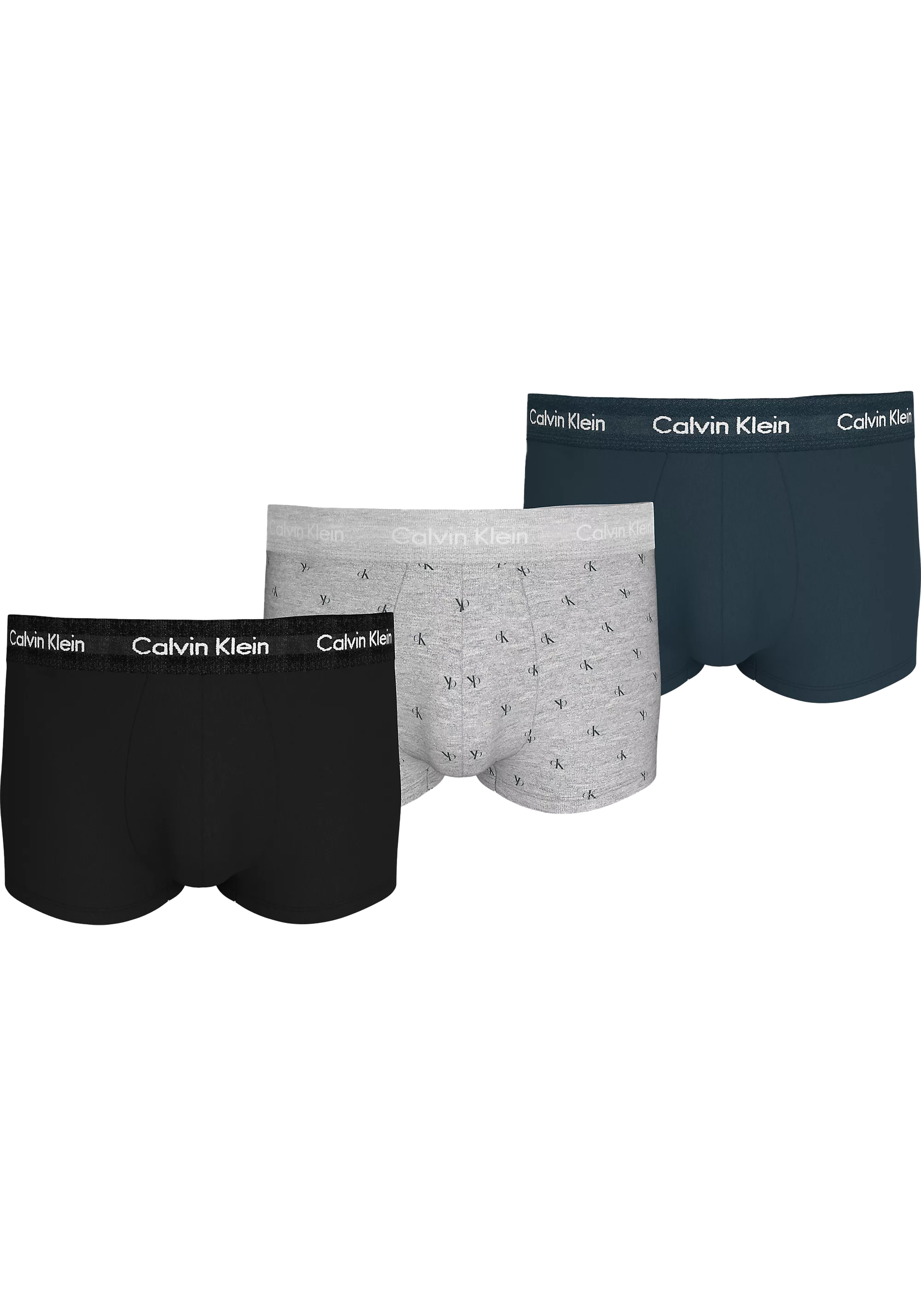 Calvin Klein Low Rise Trunks (3-pack), lage heren boxers kort, zwart, grijs dessin, blauw