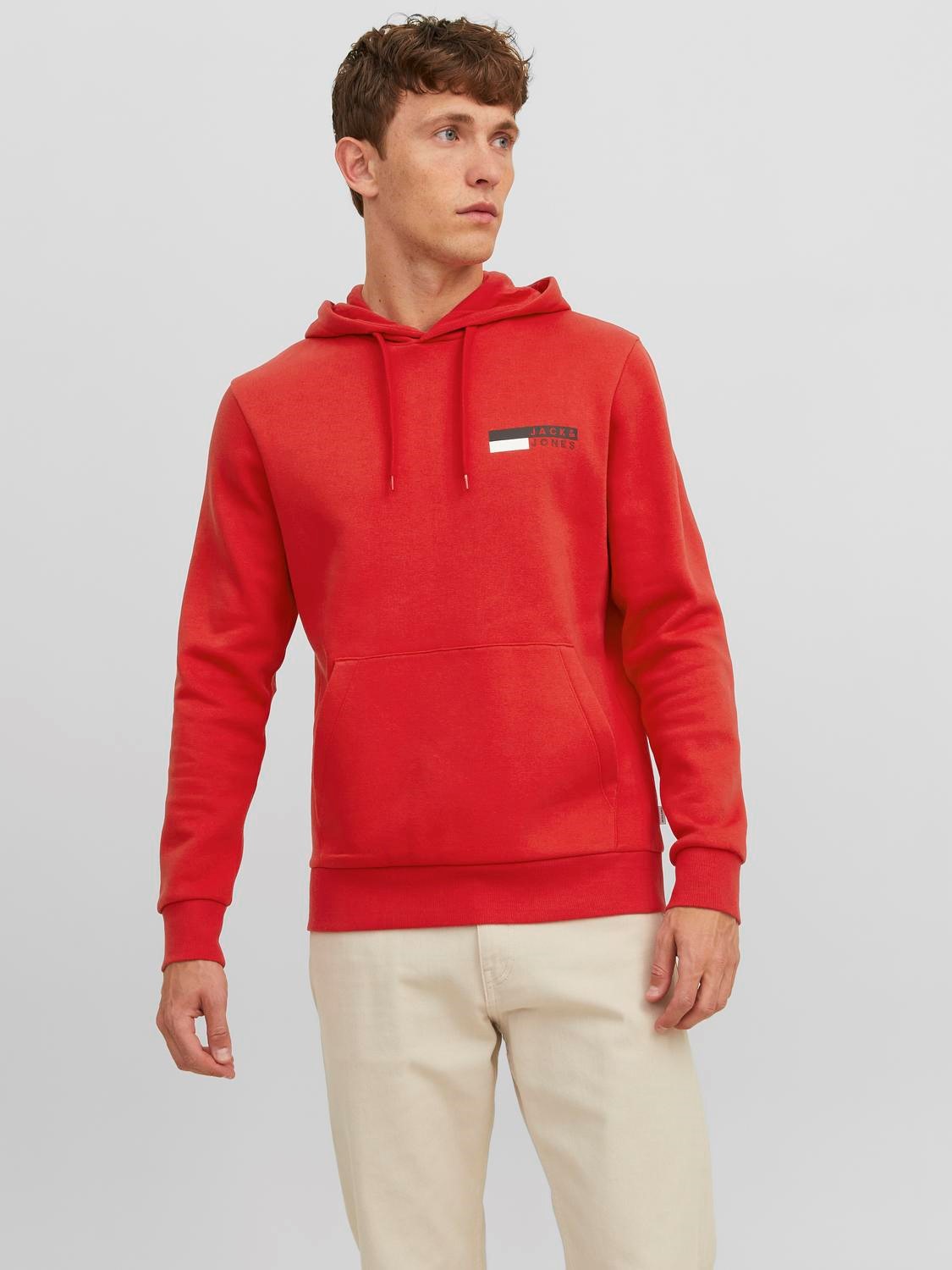 JACK & JONES Corp logo sweat hood play regular fit, heren hoodie katoenmengsel met capuchon, rood met kleine logoprint