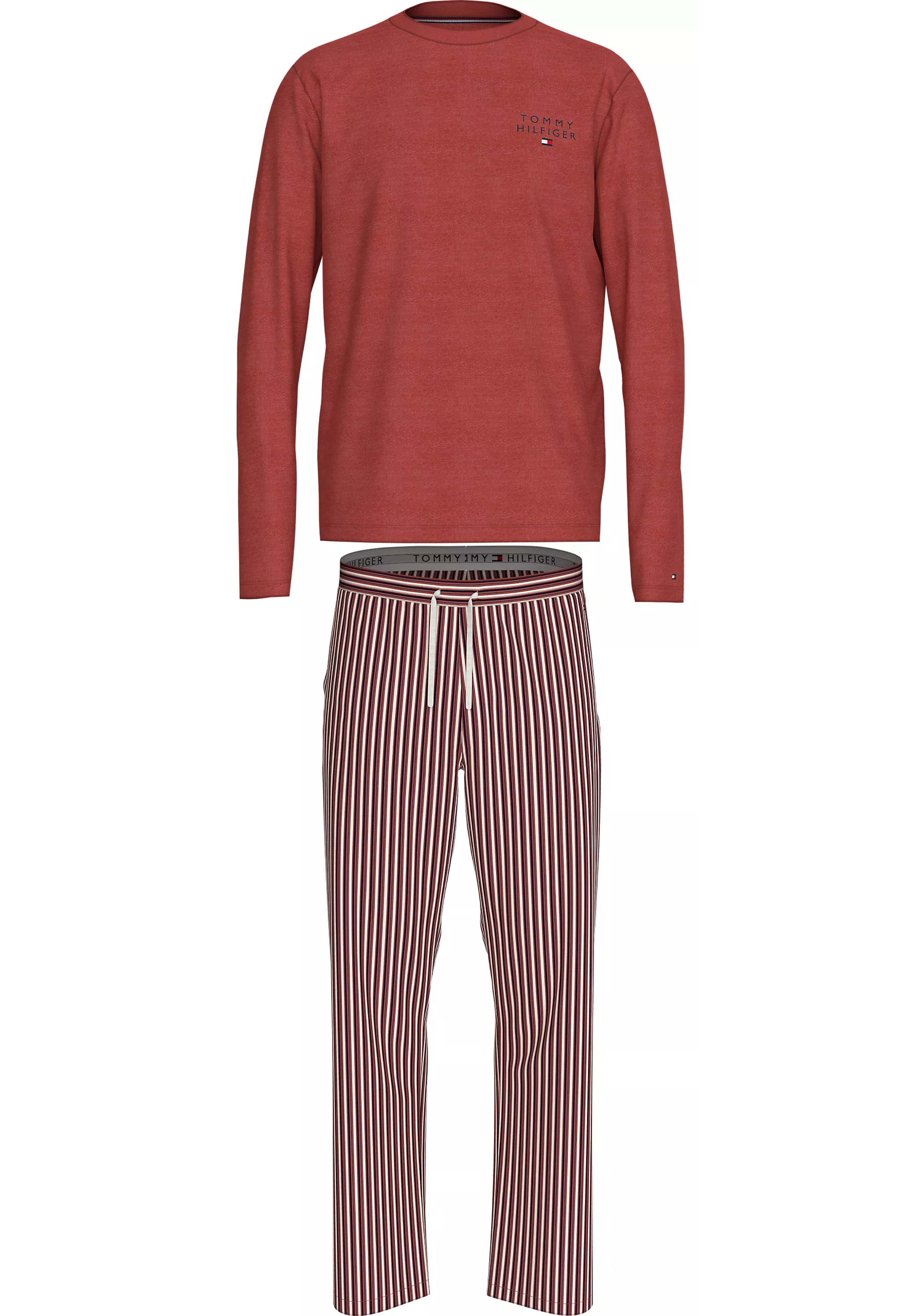 Tommy Hilfiger heren pyjama set, steenrood shirt met rood met wit en blauw gestreepte broek