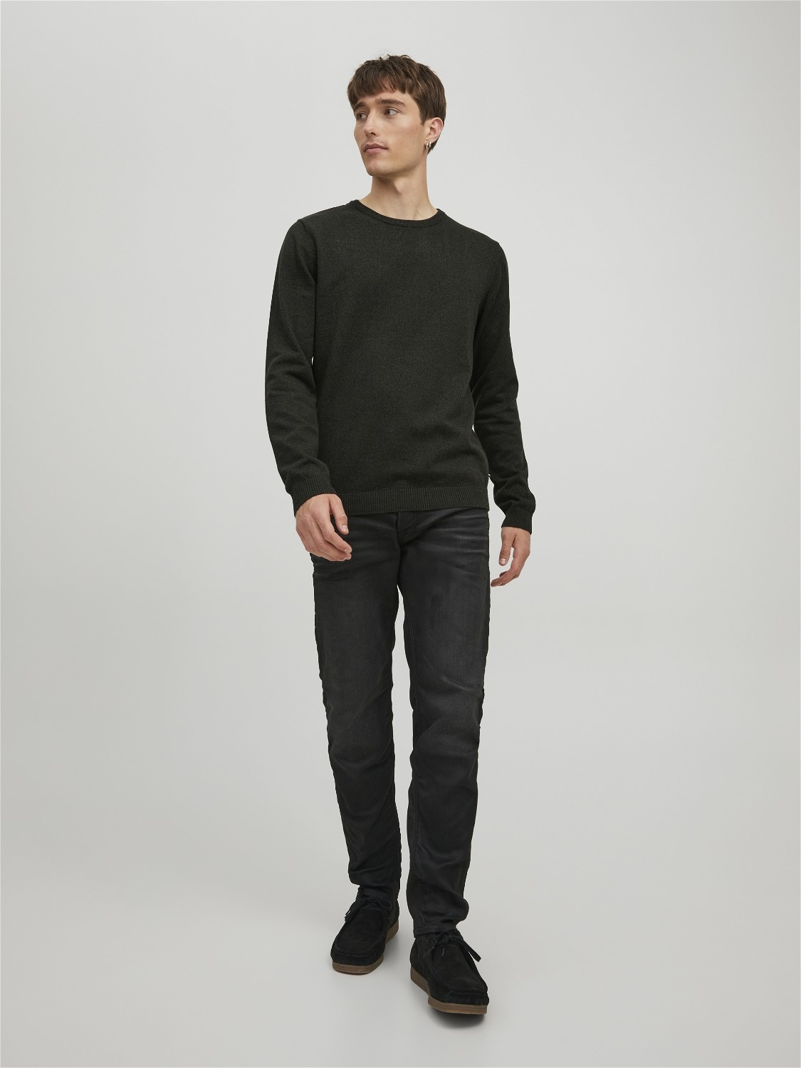 JACK & JONES Basic knit crew neck slim fit, heren pullover katoen met O-hals, groen samen met zwart