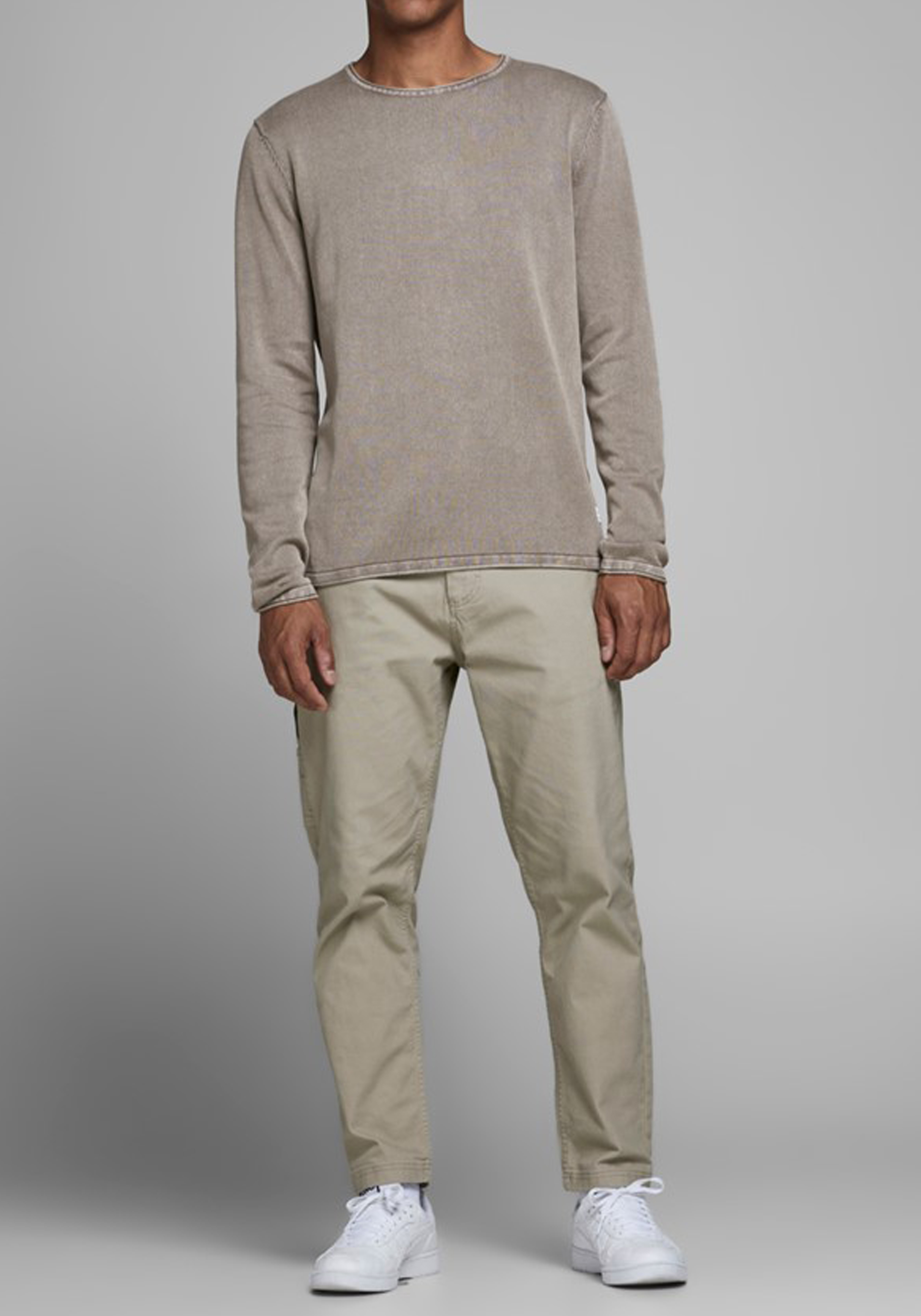 JACK & JONES slim fit trui katoen, O-hals, verwassen beige