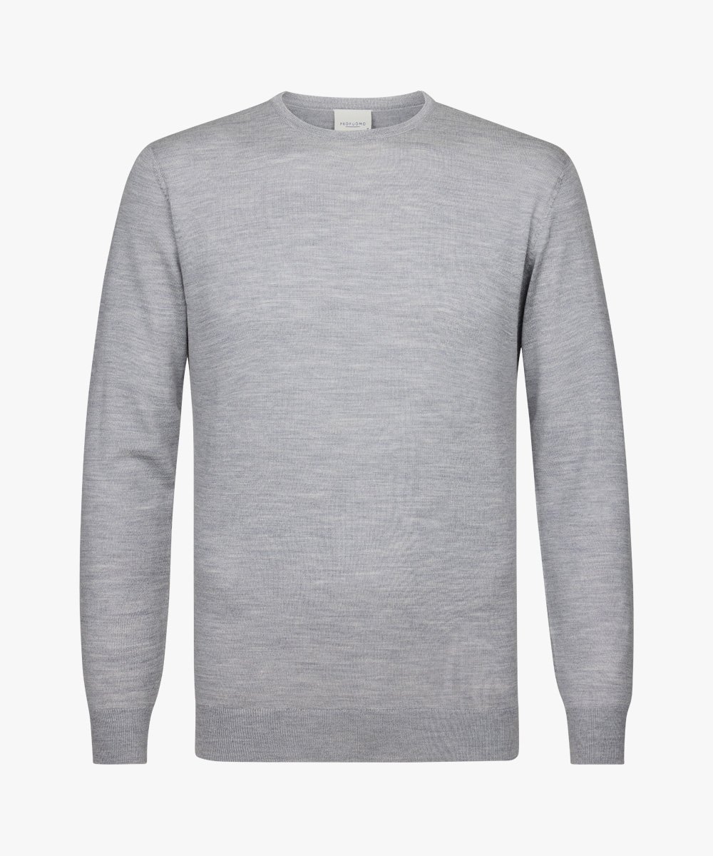 Profuomo heren trui wol, slim fit trui met O-hals, grijs